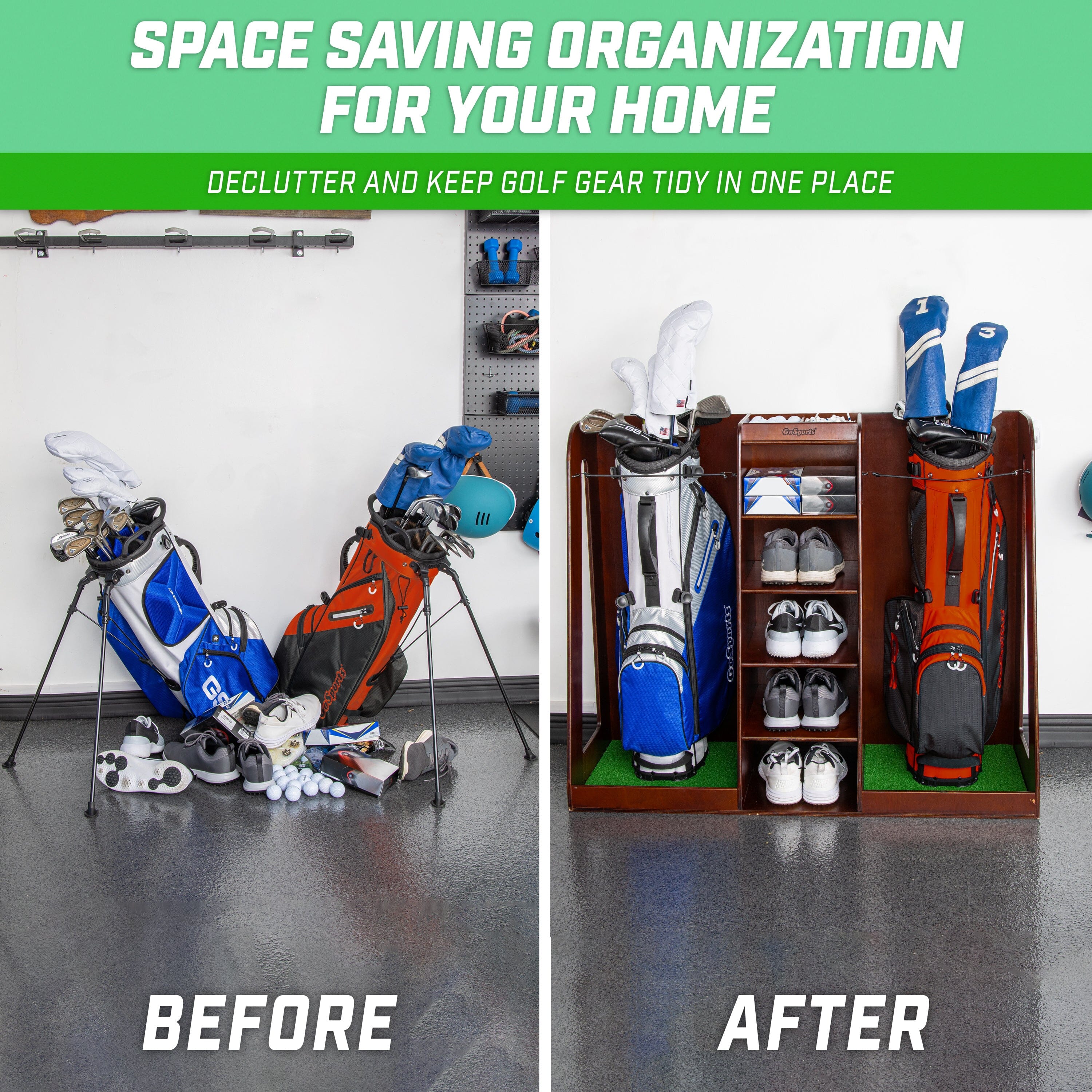 two pictures of a golf bag and a bag of golf clubs