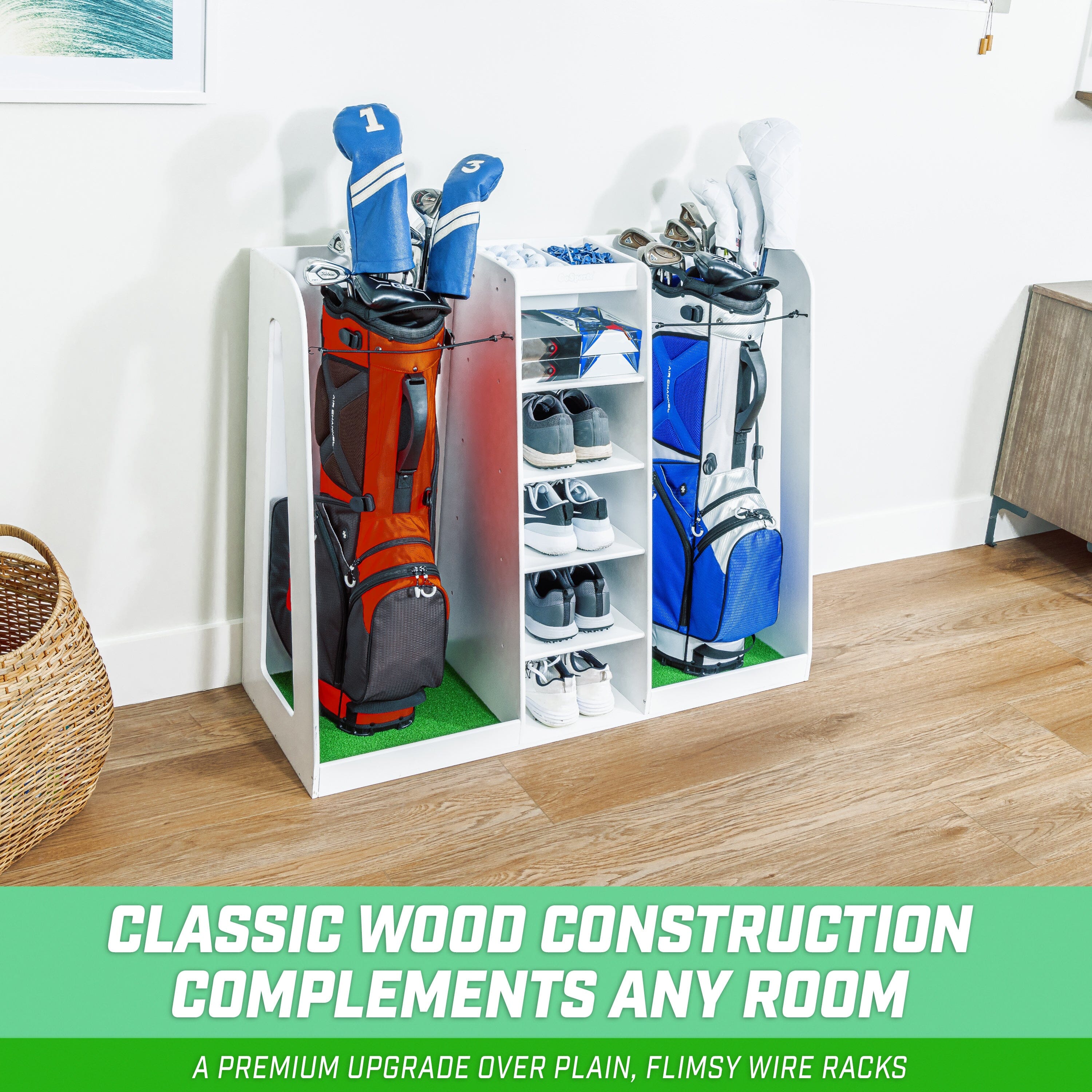 a room with a bunch of golf equipment