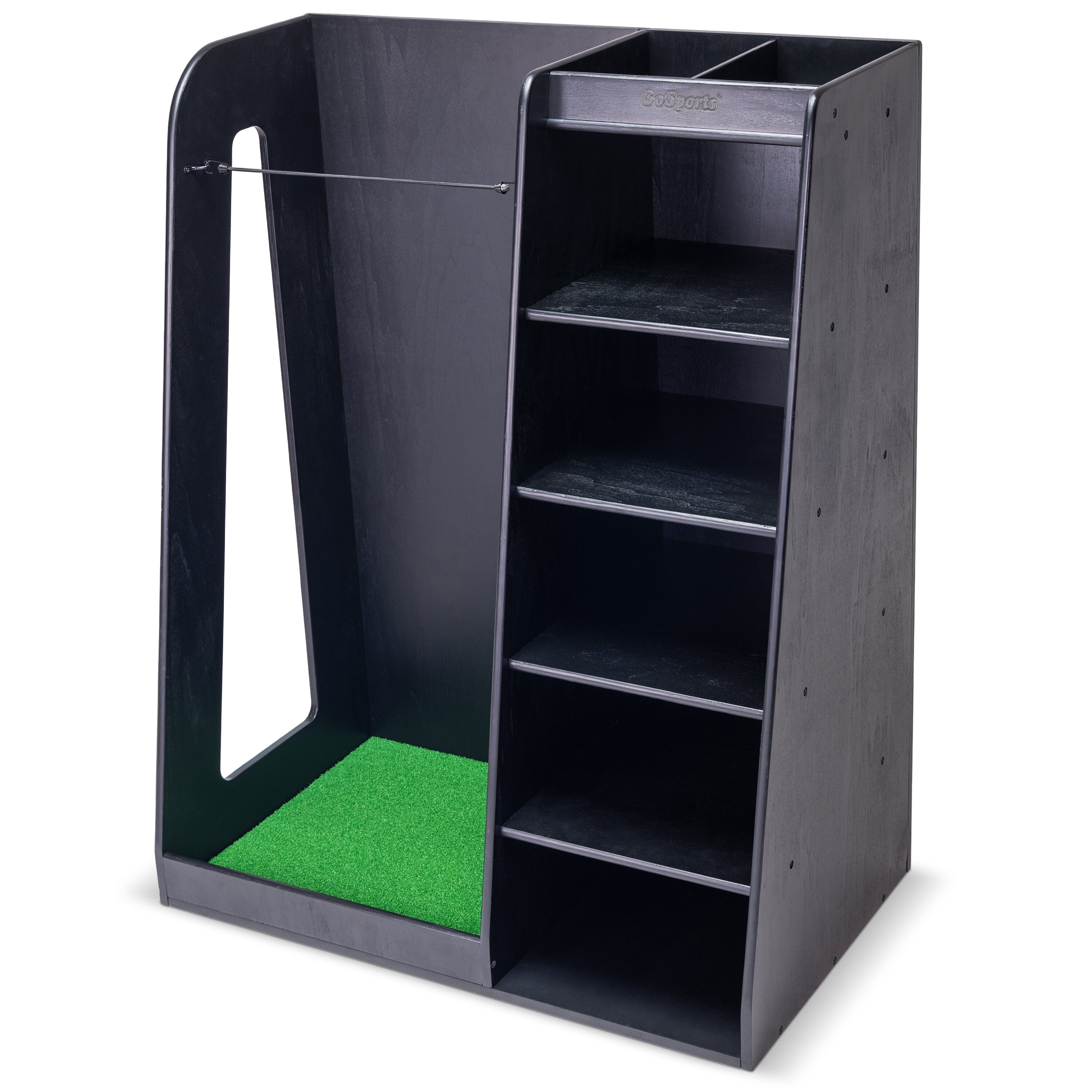 a black wooden cabinet with a green carpet