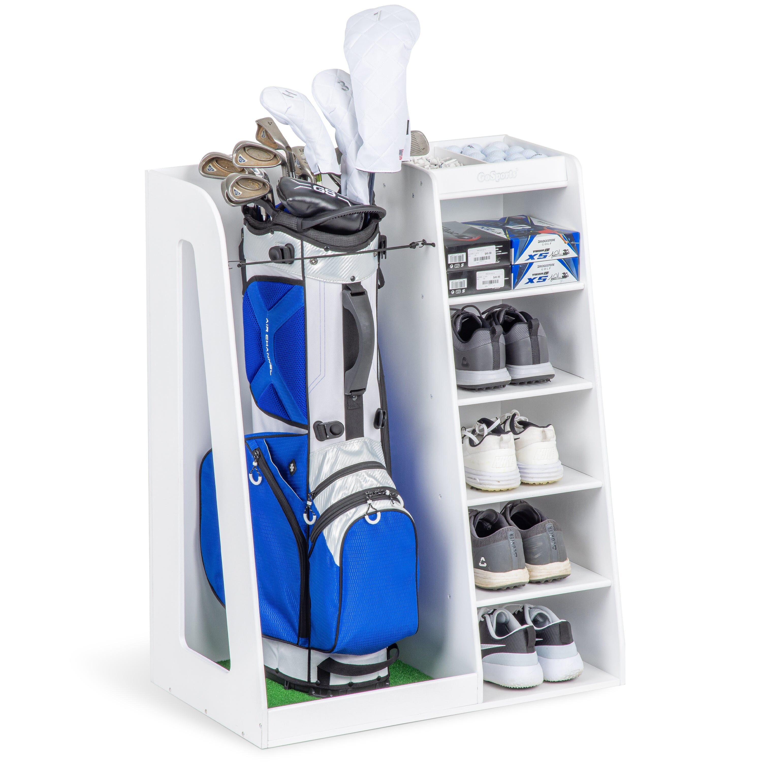 a golf bag is sitting on a shelf