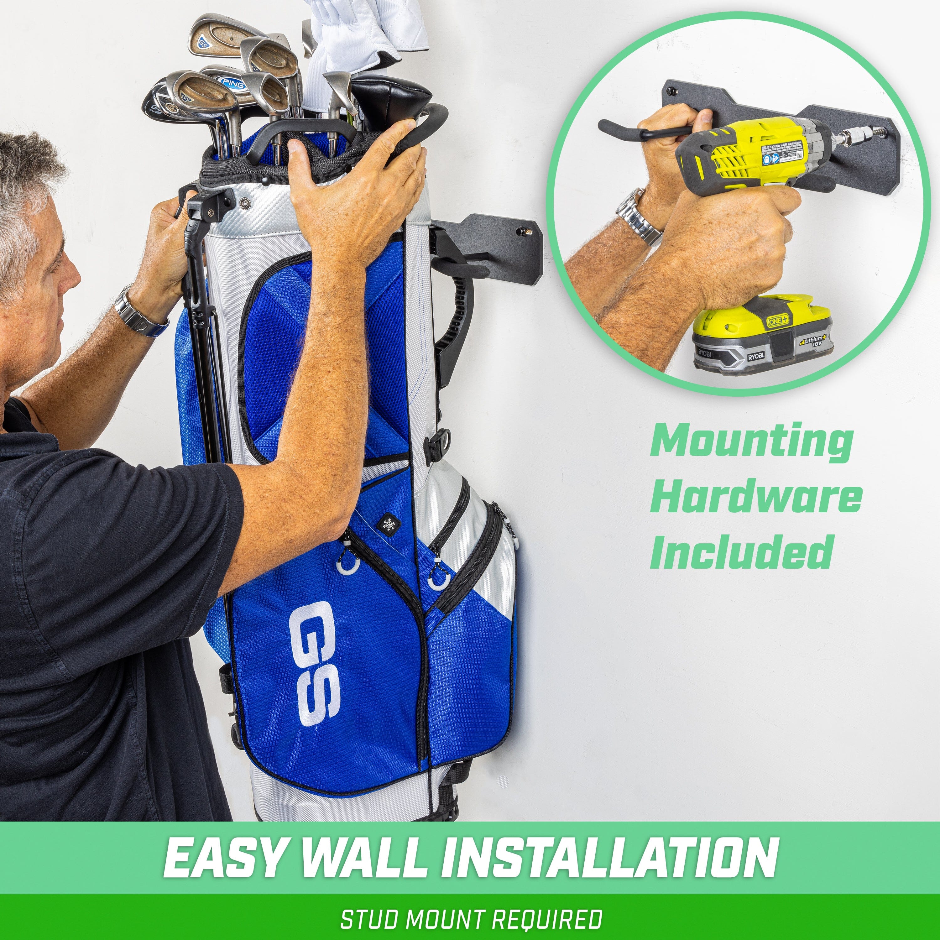 a man is putting golf clubs into a bag