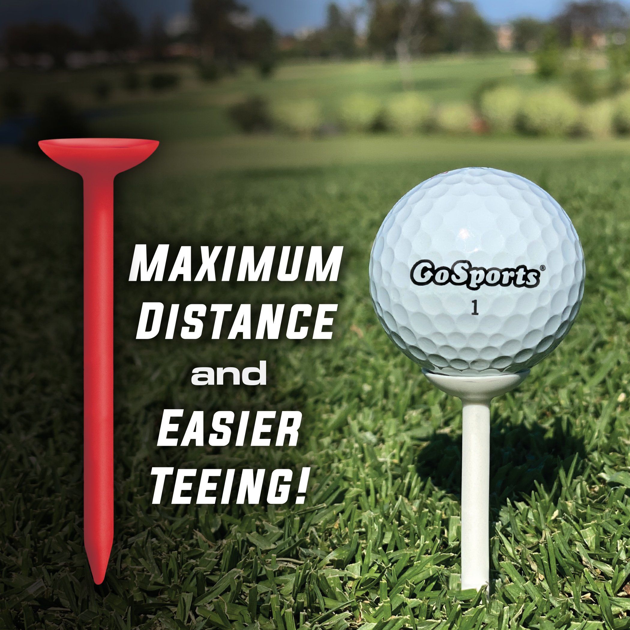 a golf ball on a tee with the words maxim distance and easier tee