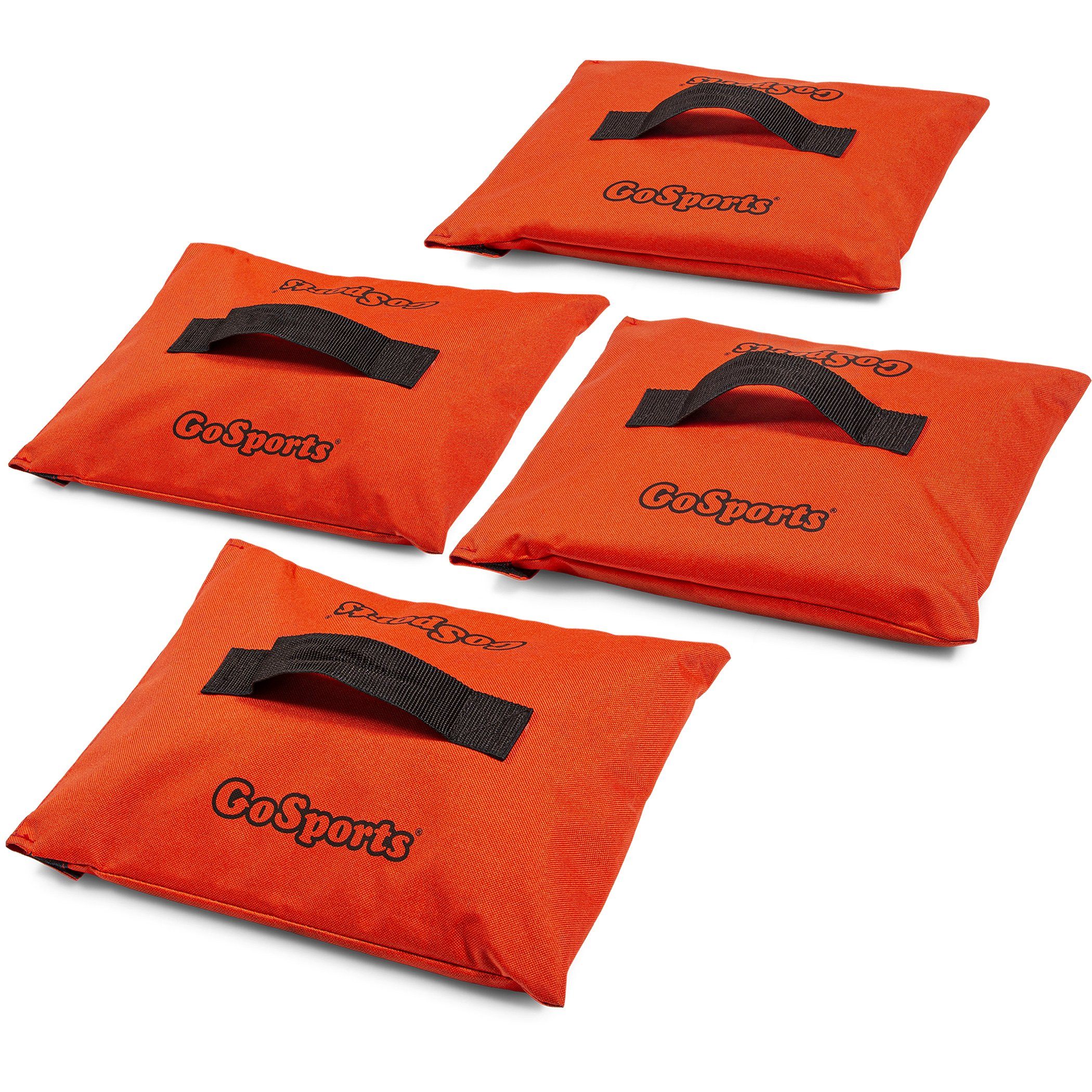 four orange bags with black ribbon