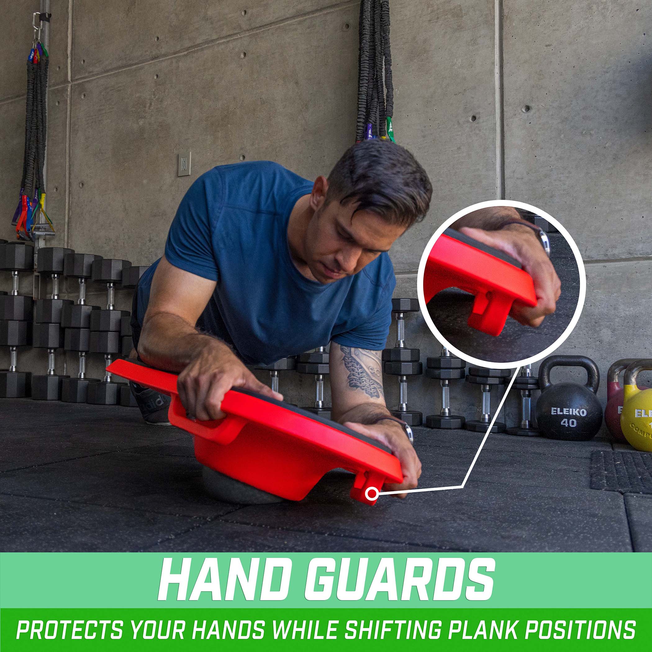 a man is doing a push with a red box