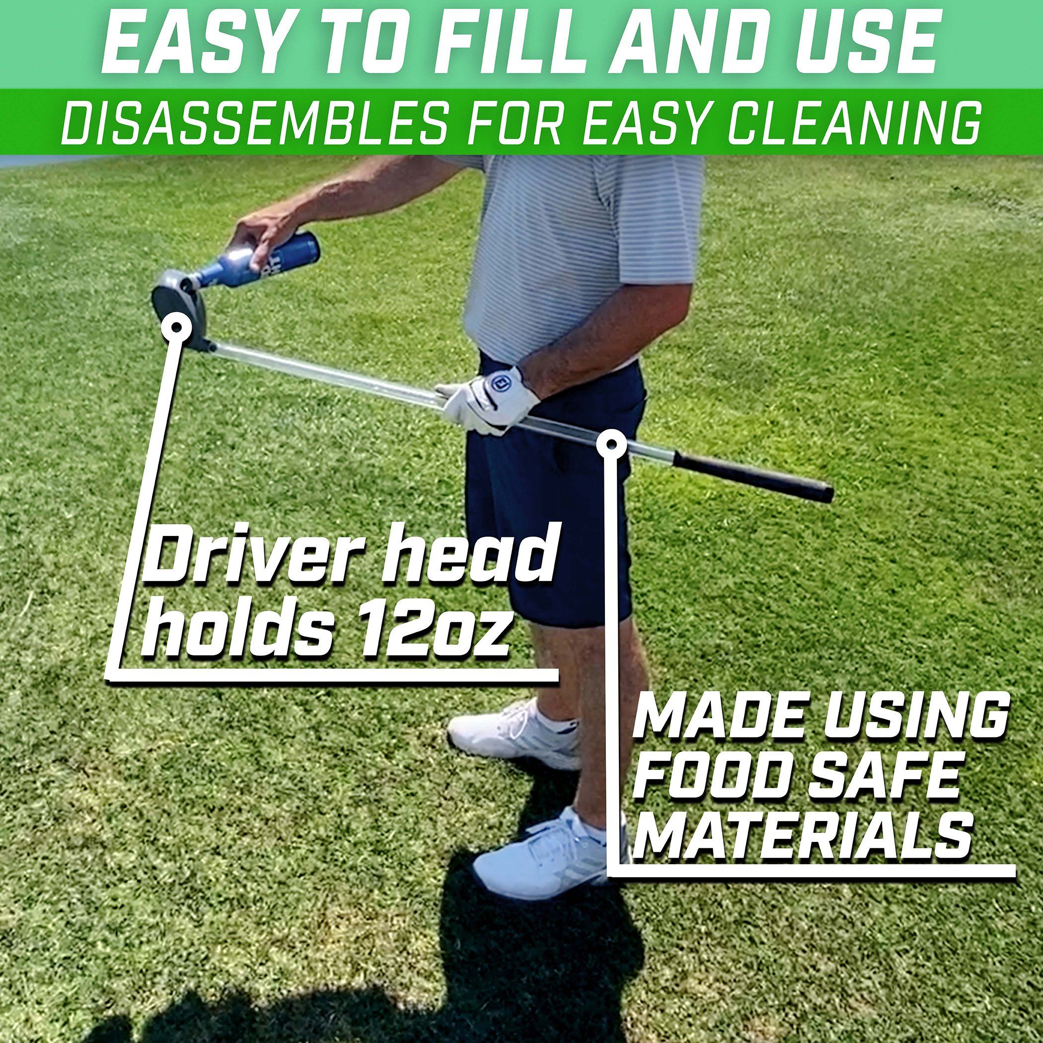 a man holding a golf club with the words easy to play disses for easy to play