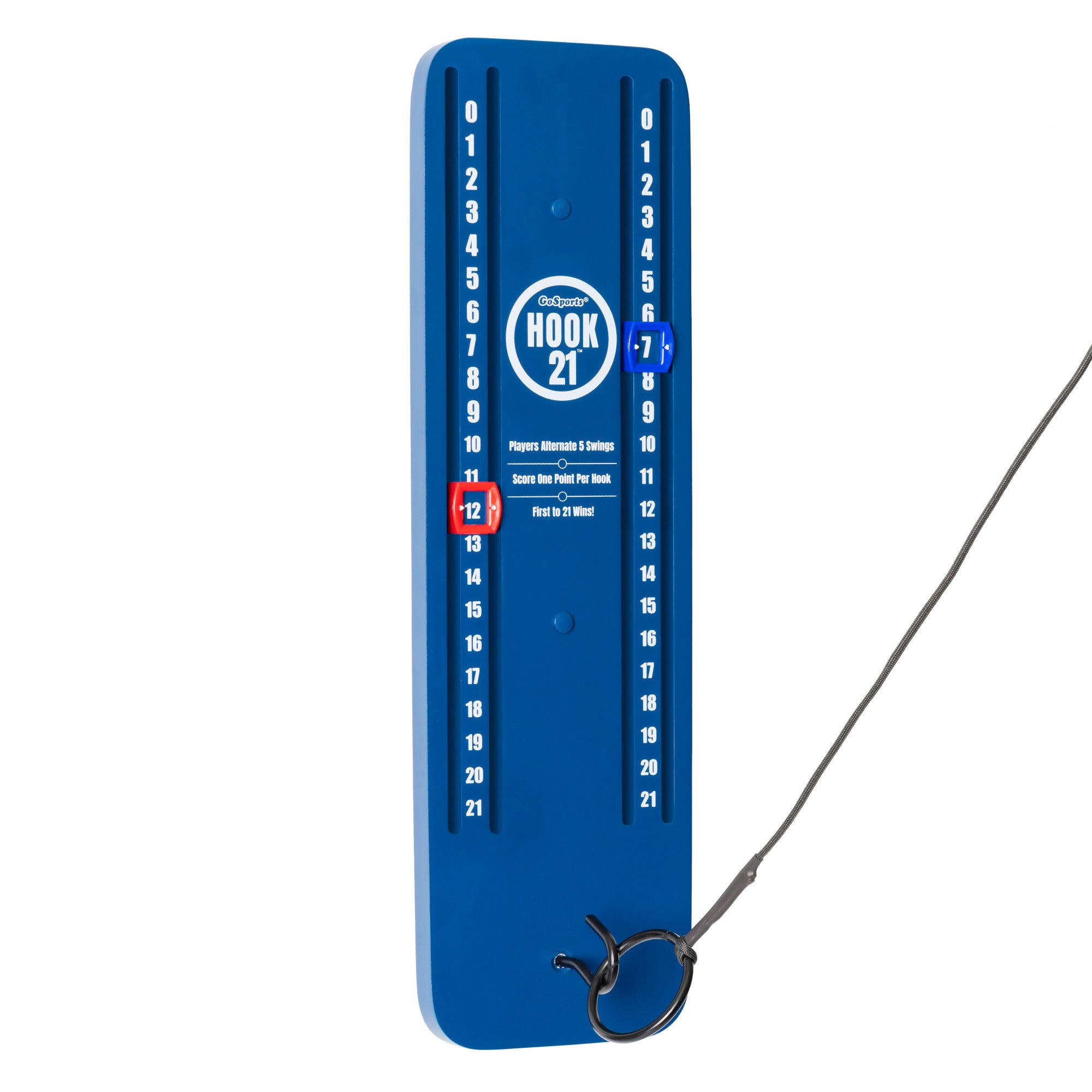 a blue plastic measuring tool with a black handle