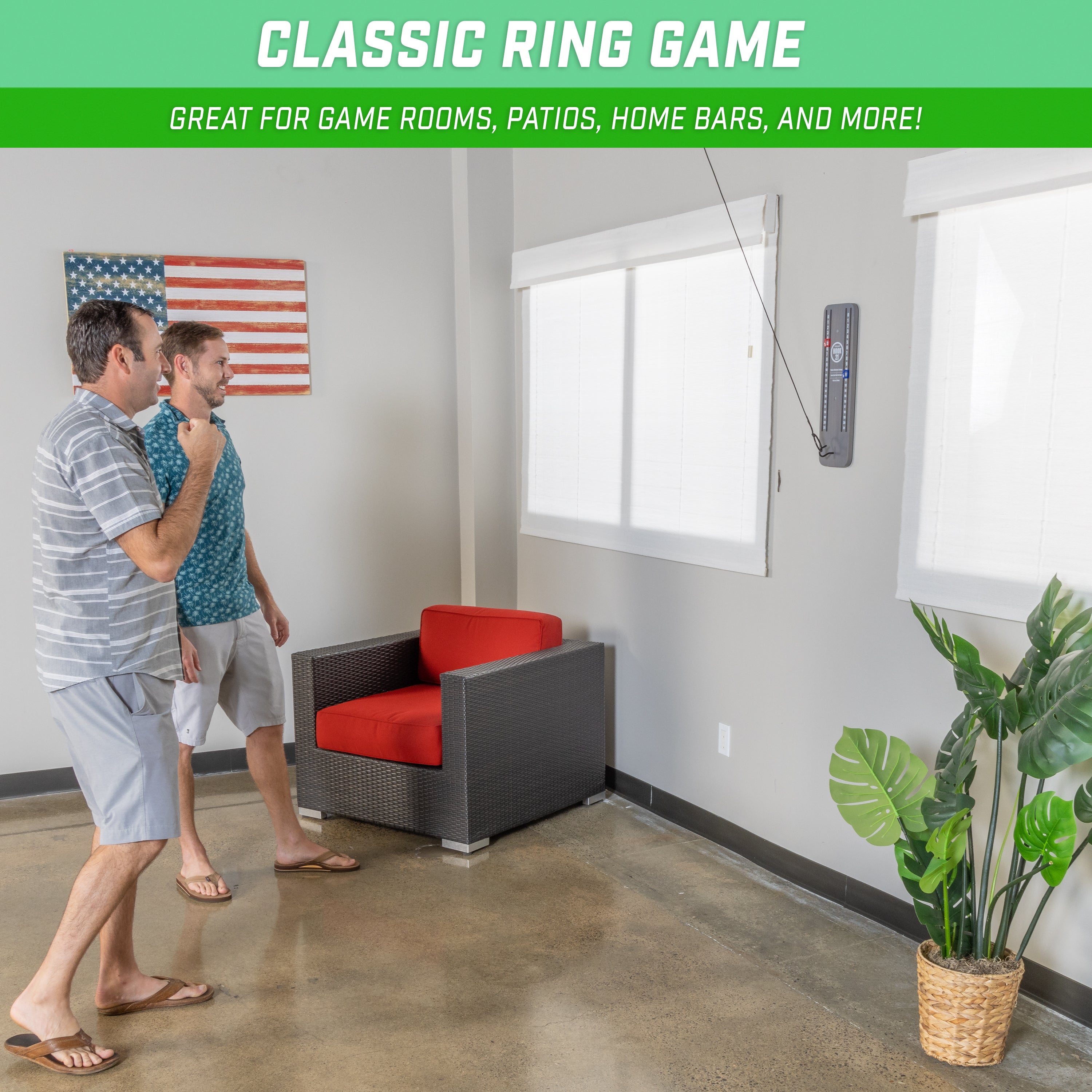 a man is standing in a room with a flag on the wall