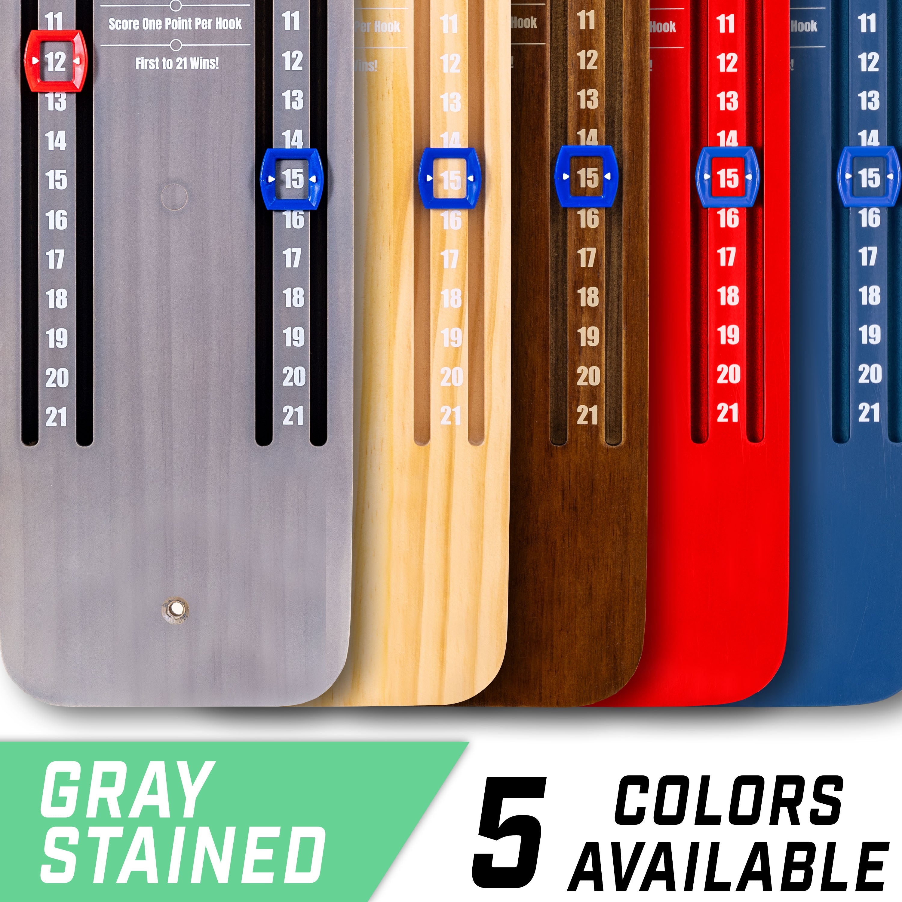 a set of five different colored paddles with numbers