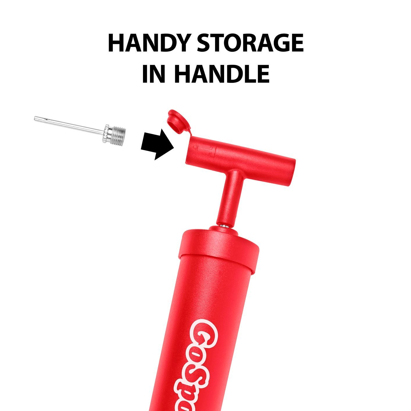 a red spray gun with the words handy storage in it