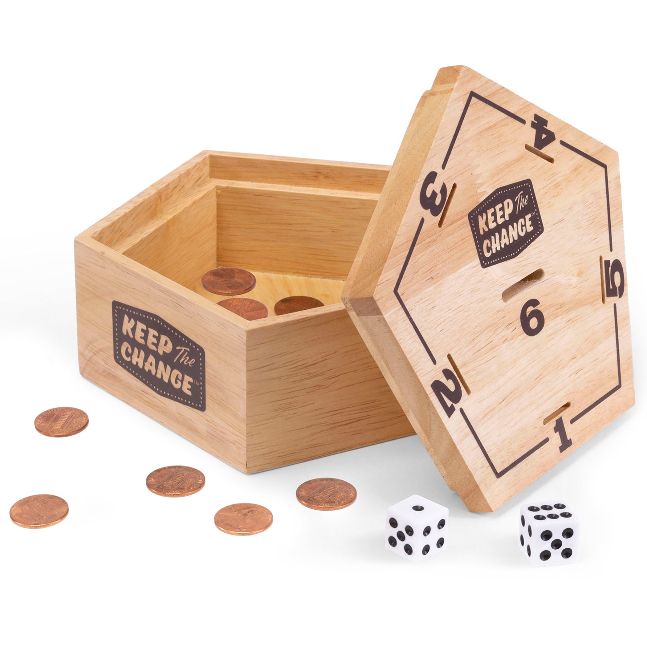 a wooden box with dice and dice in it