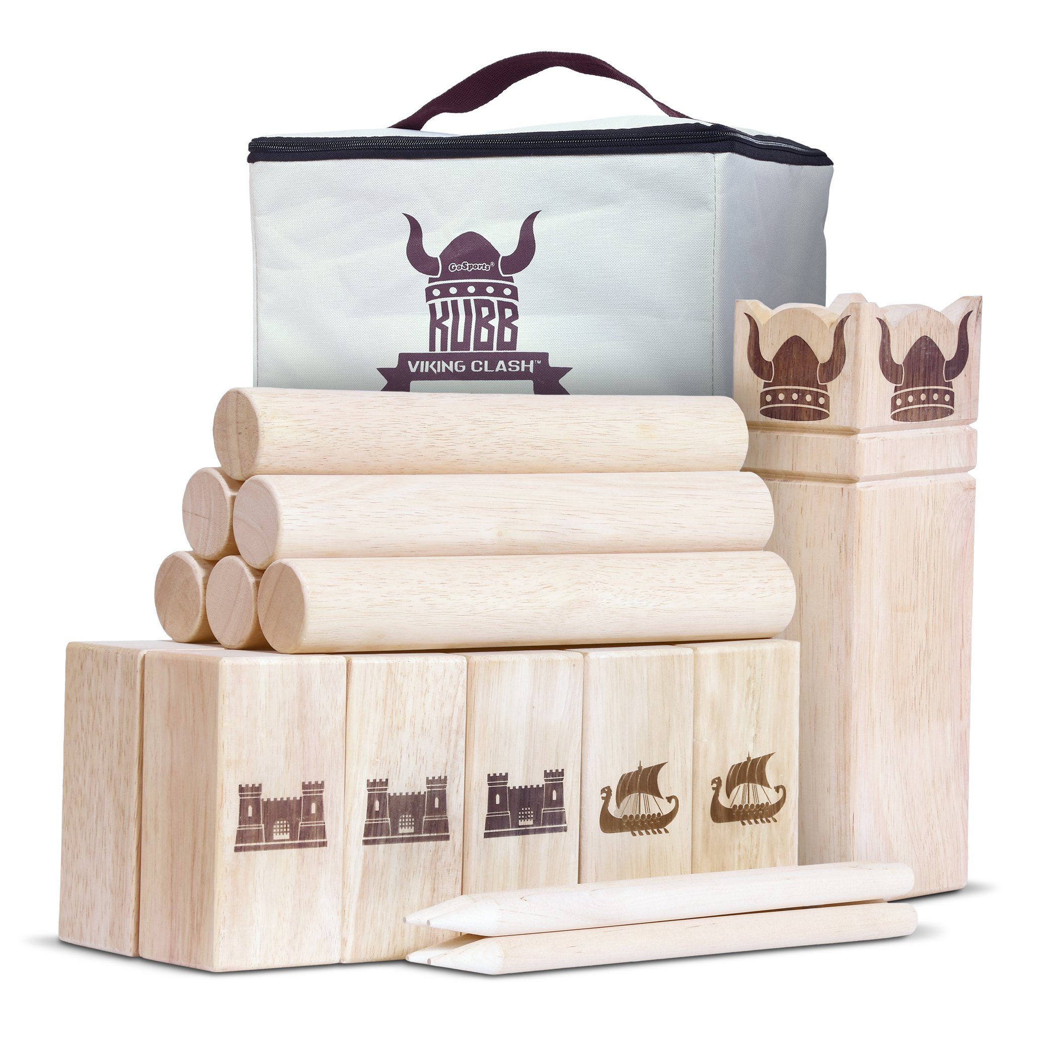 a wooden block set with a bag and a bag