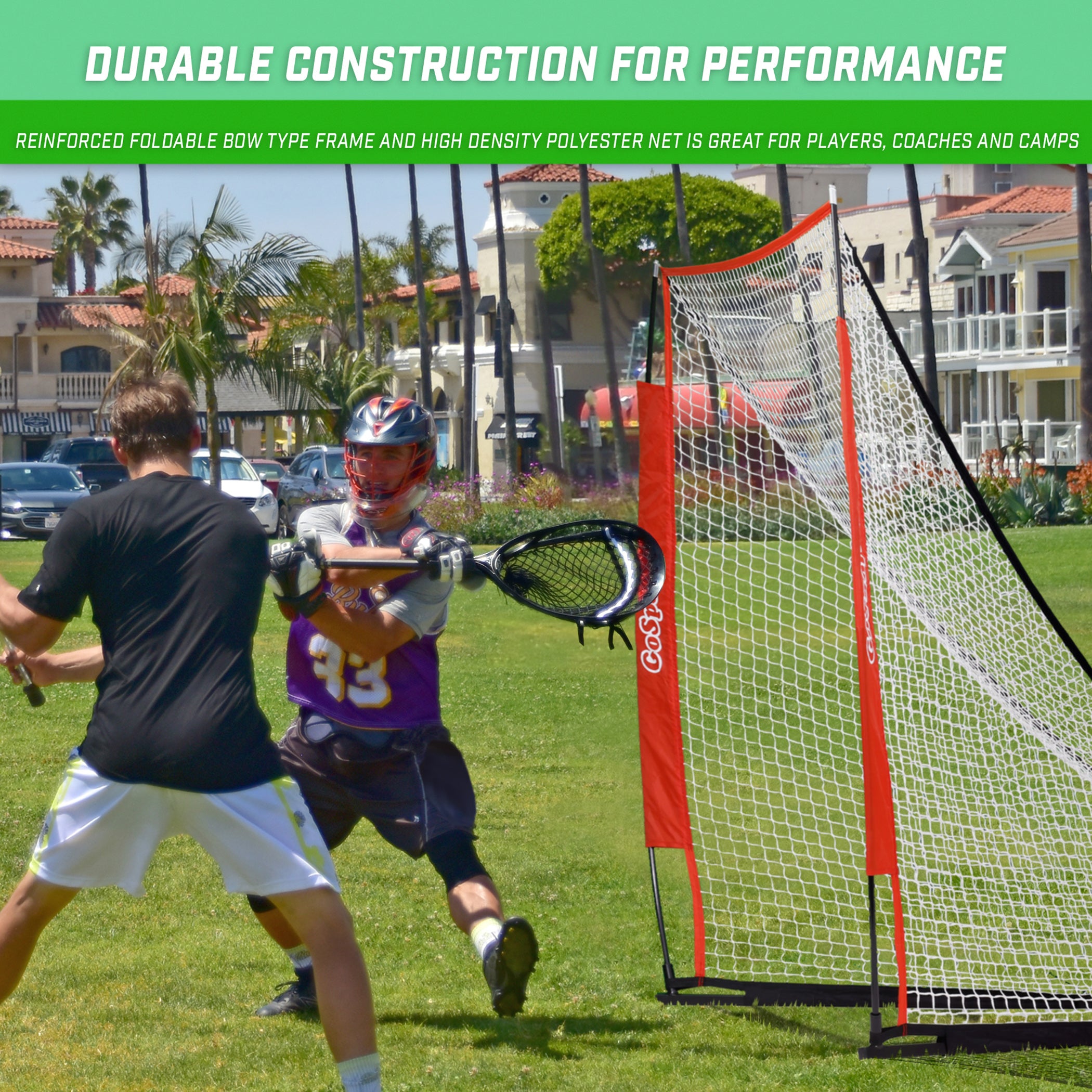 a man hitting a ball with a lacrosse net