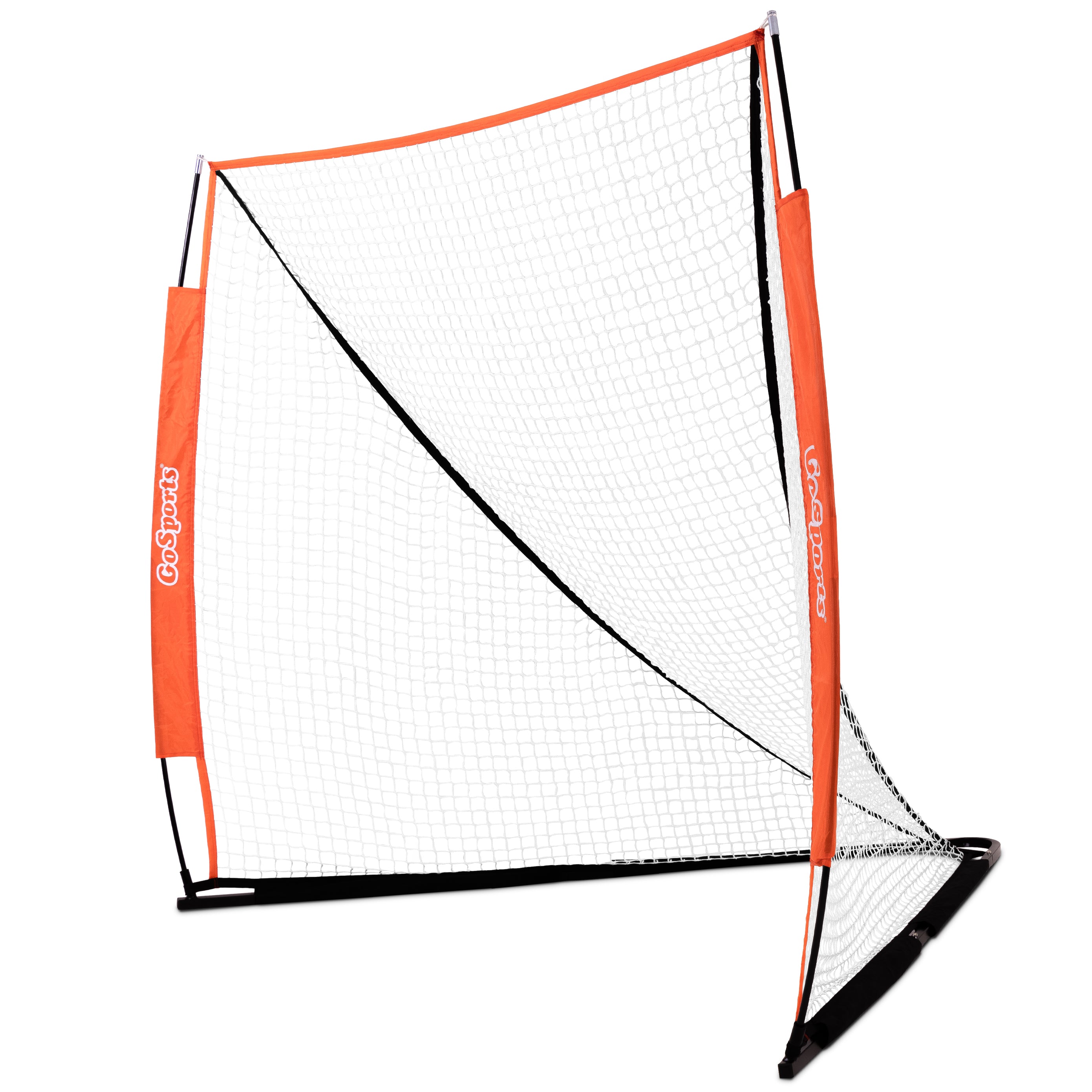 a white and orange soccer goal with a net