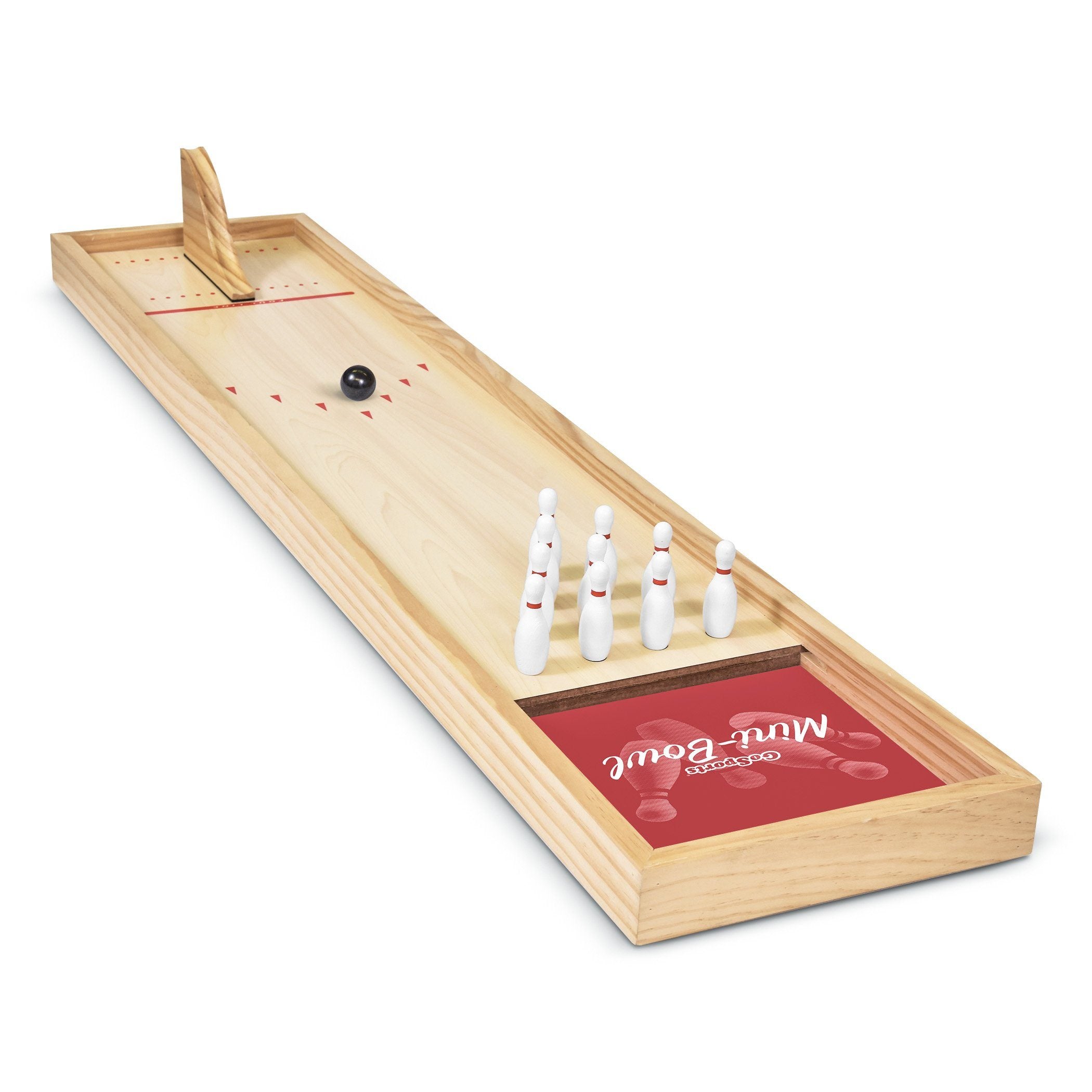 a wooden shuffle board with two bowling pins and a bowling ball