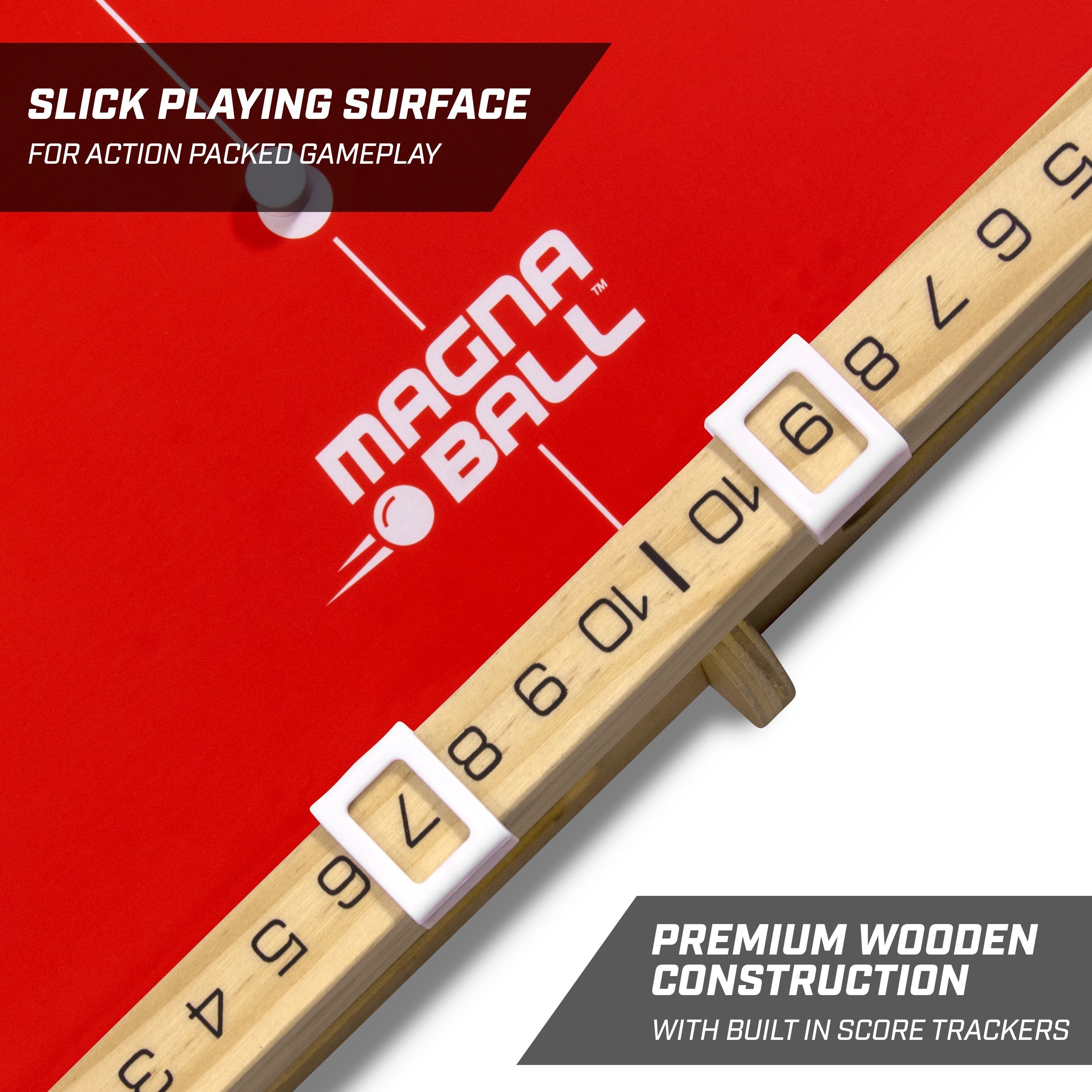 a red table with a white and black logo