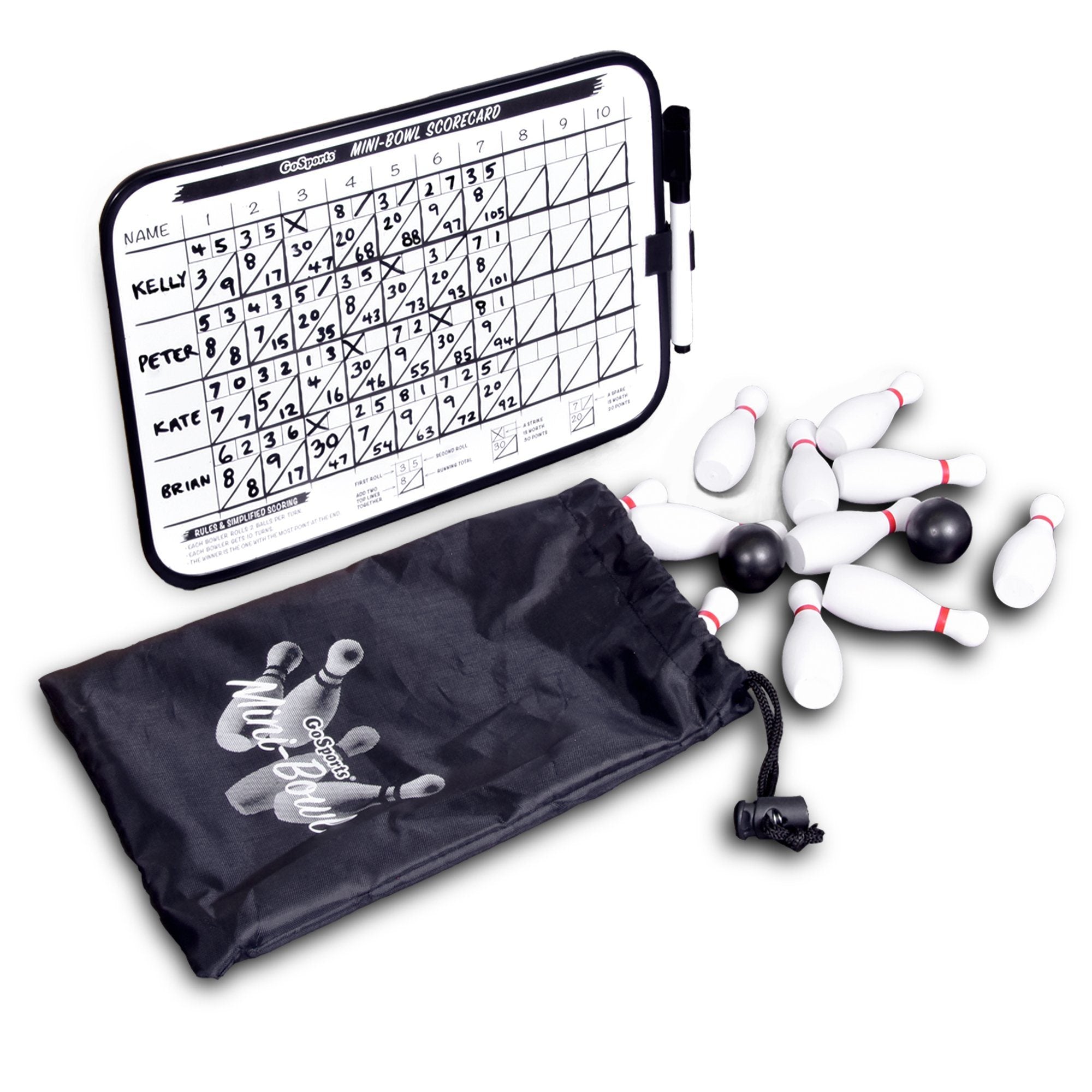 a bowling game with a bag and two balls