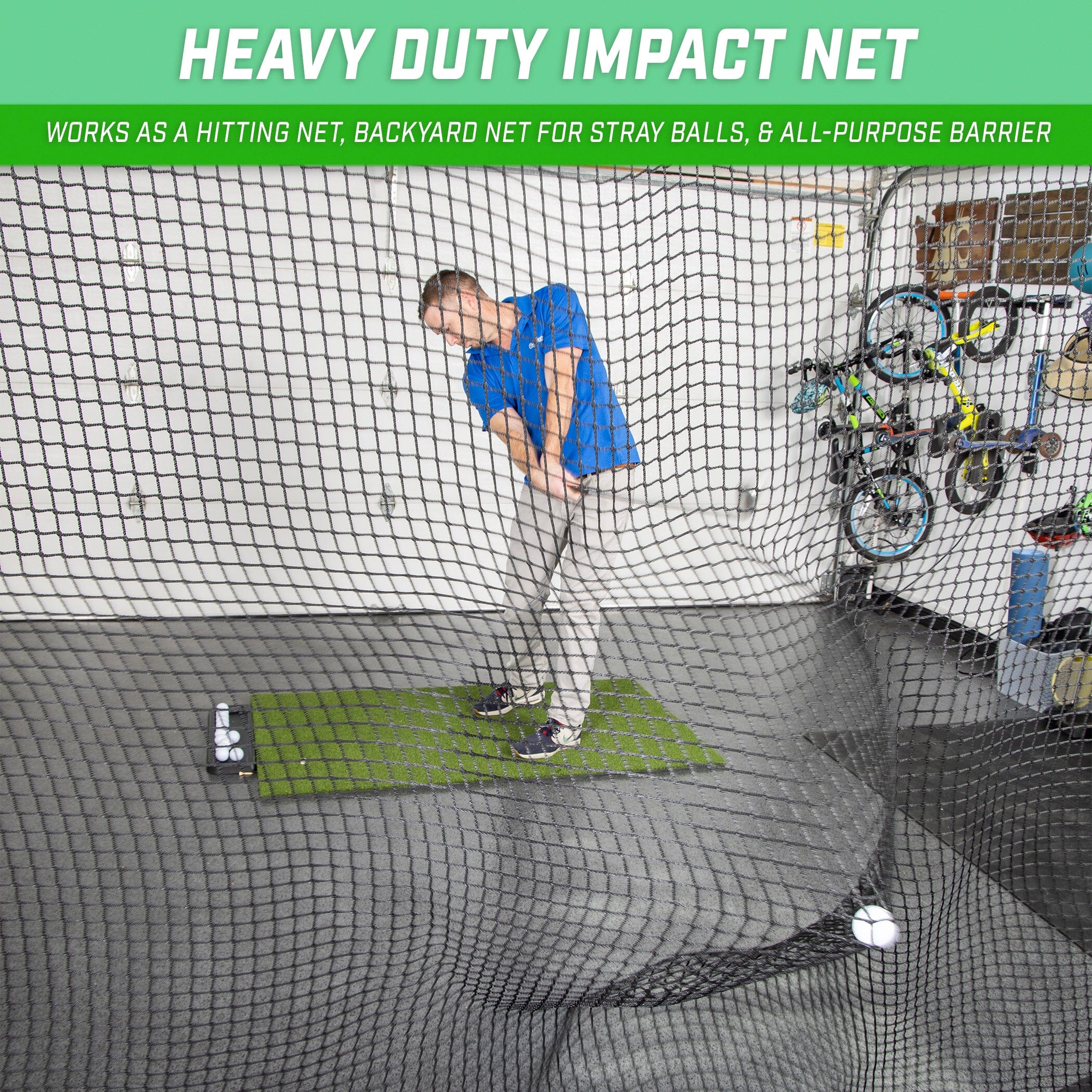 a man is playing golf in a net