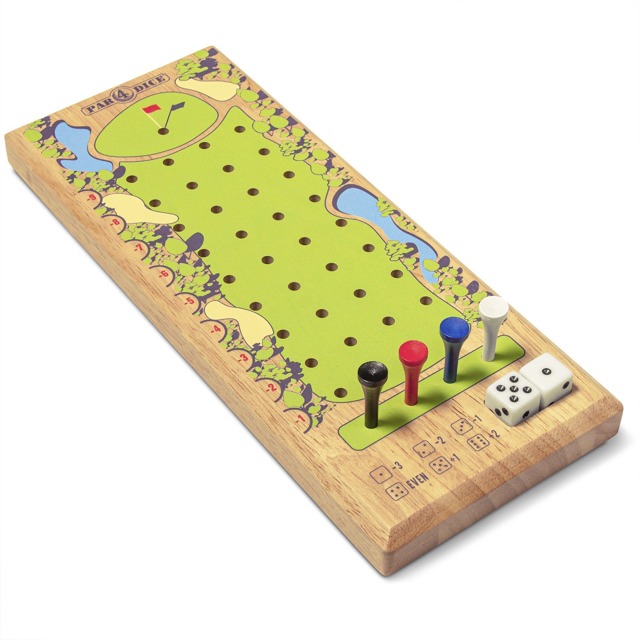 a wooden board with a game board and dice