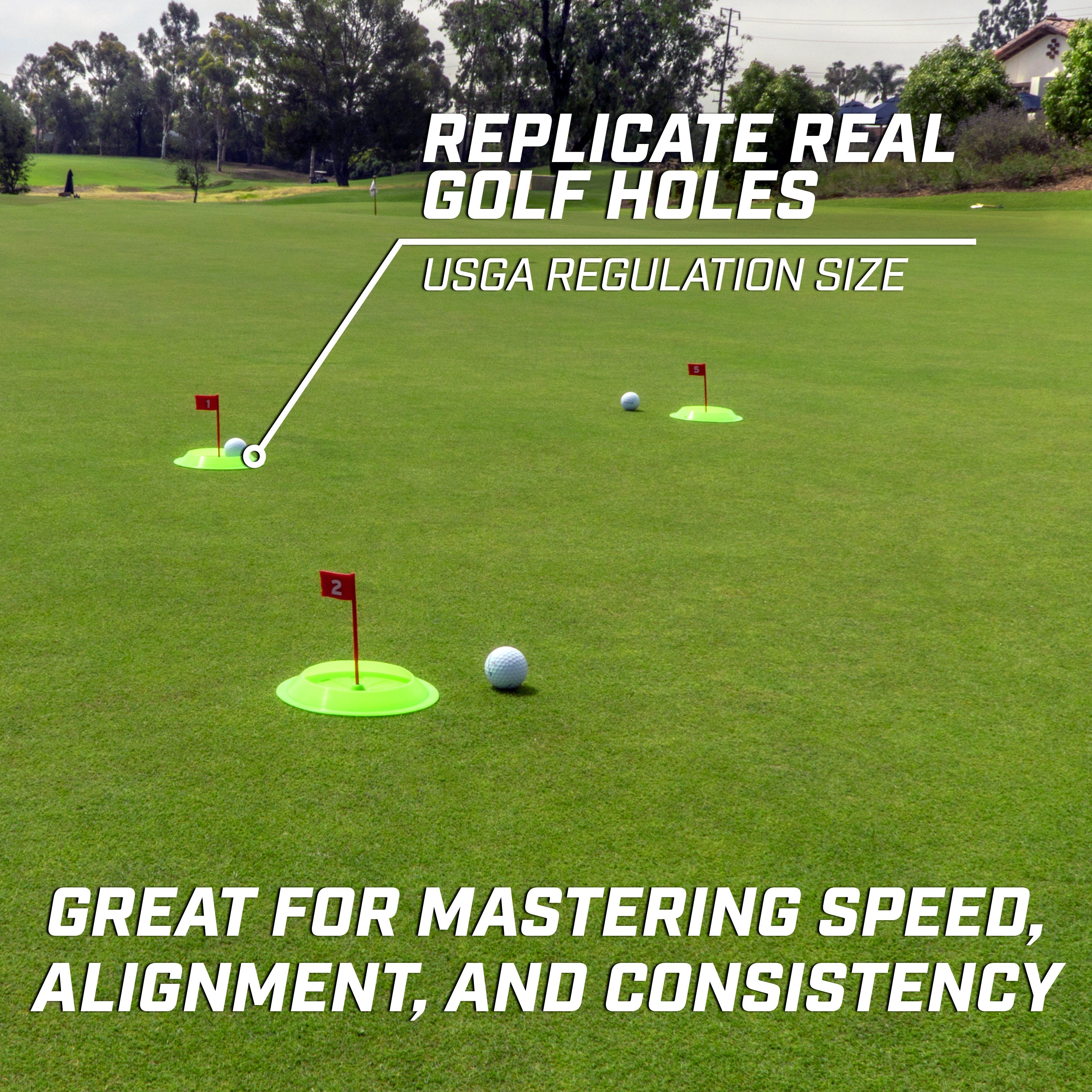 a golf course with a green field and a white ball