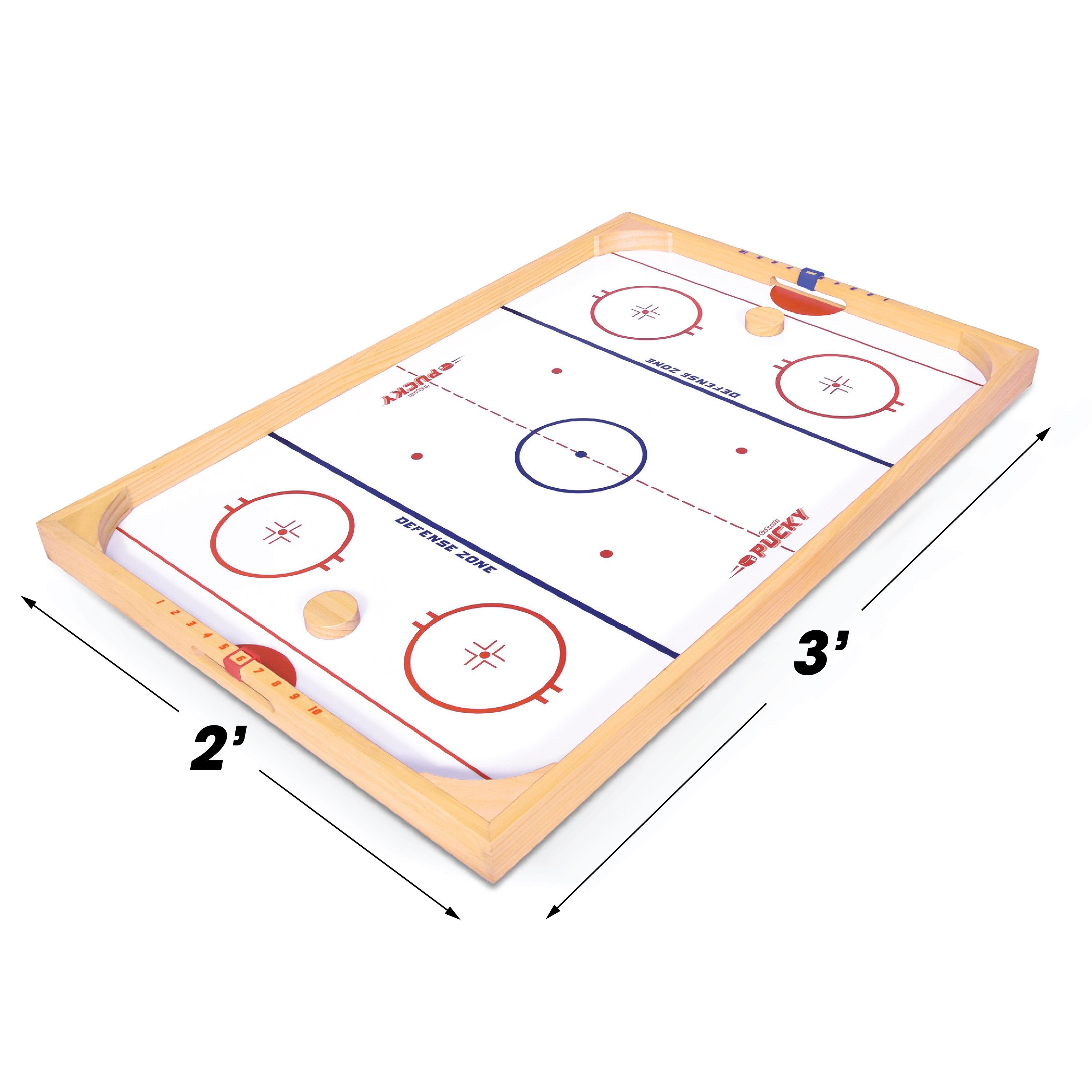 a wooden hockey table with two boards and a ball