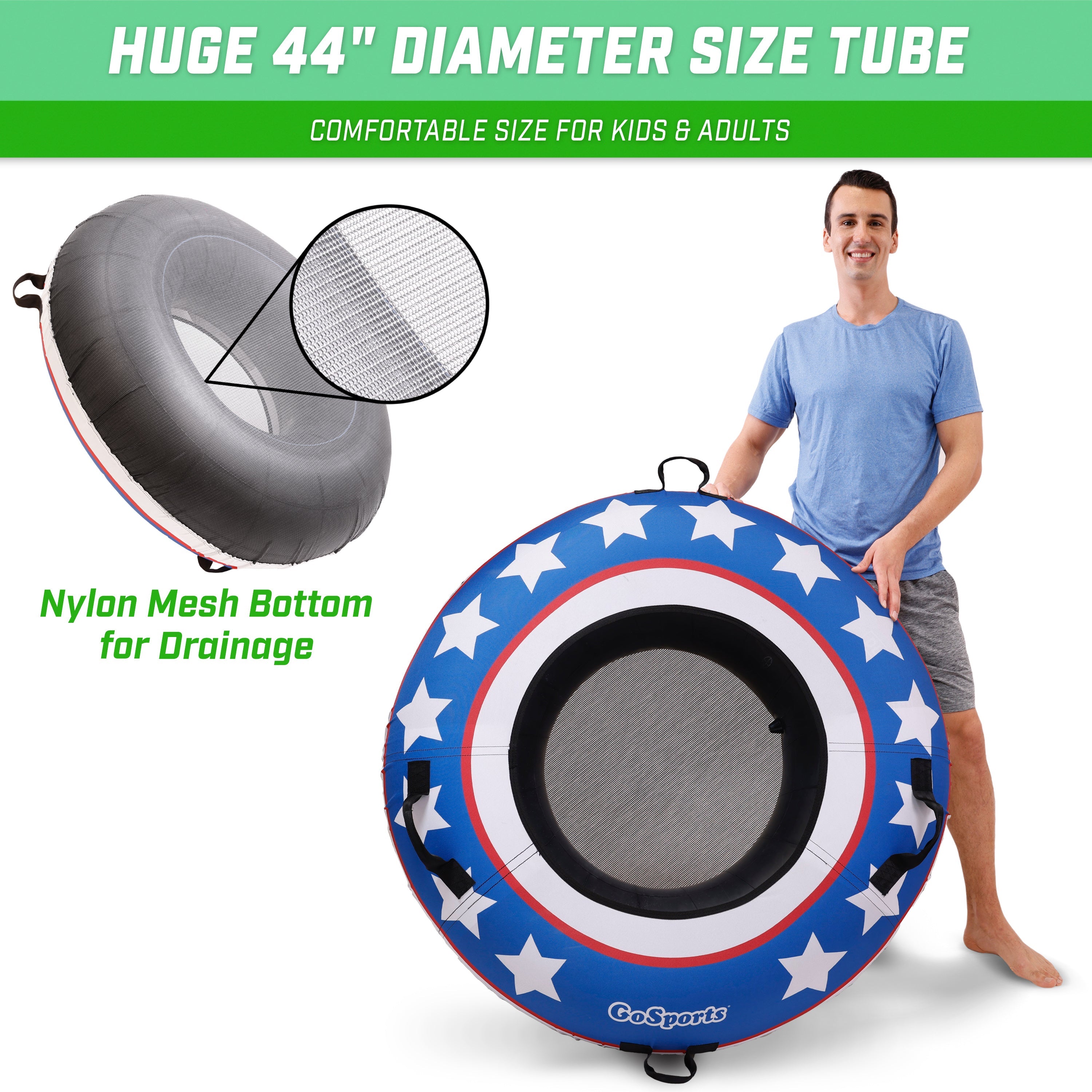 a man holding a large inflatable words display nylon mesh bottom for drainage