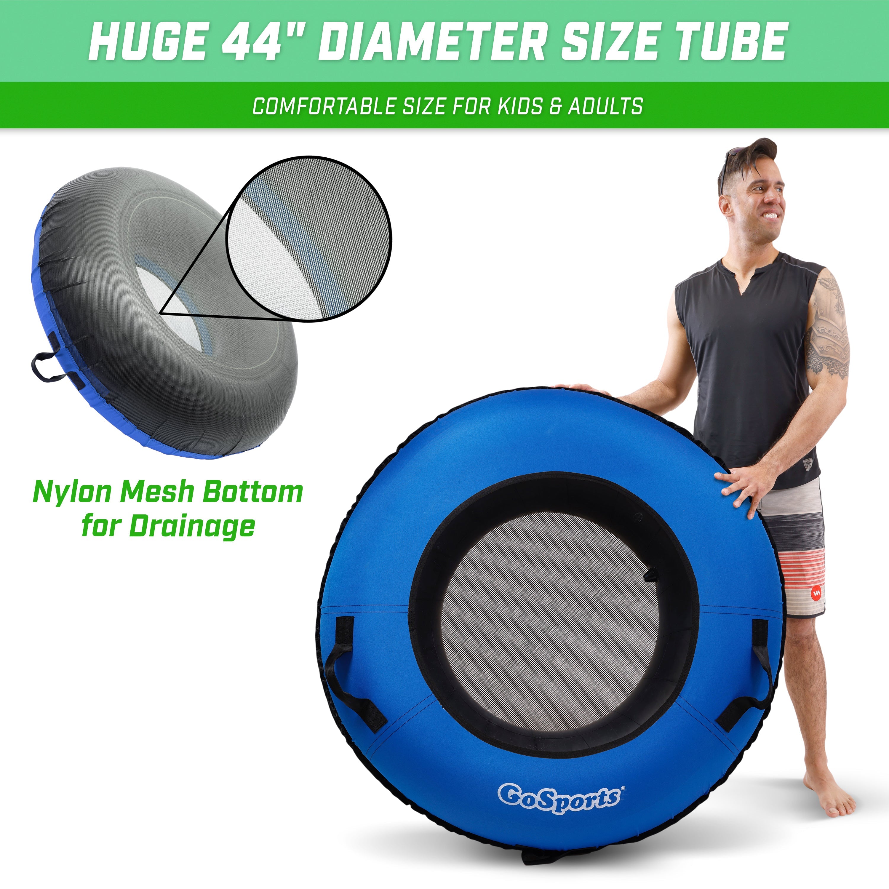 a man holding a large inflatable words display nylon mesh bottom for drainage