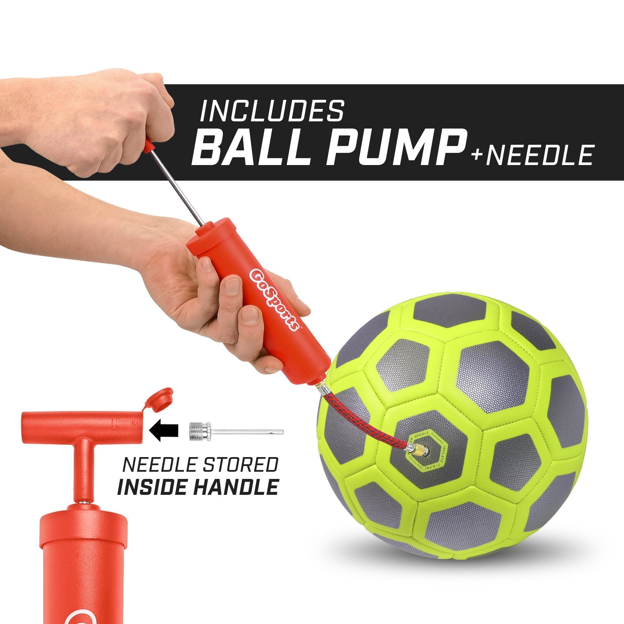 a hand holding a ball with a red handle
