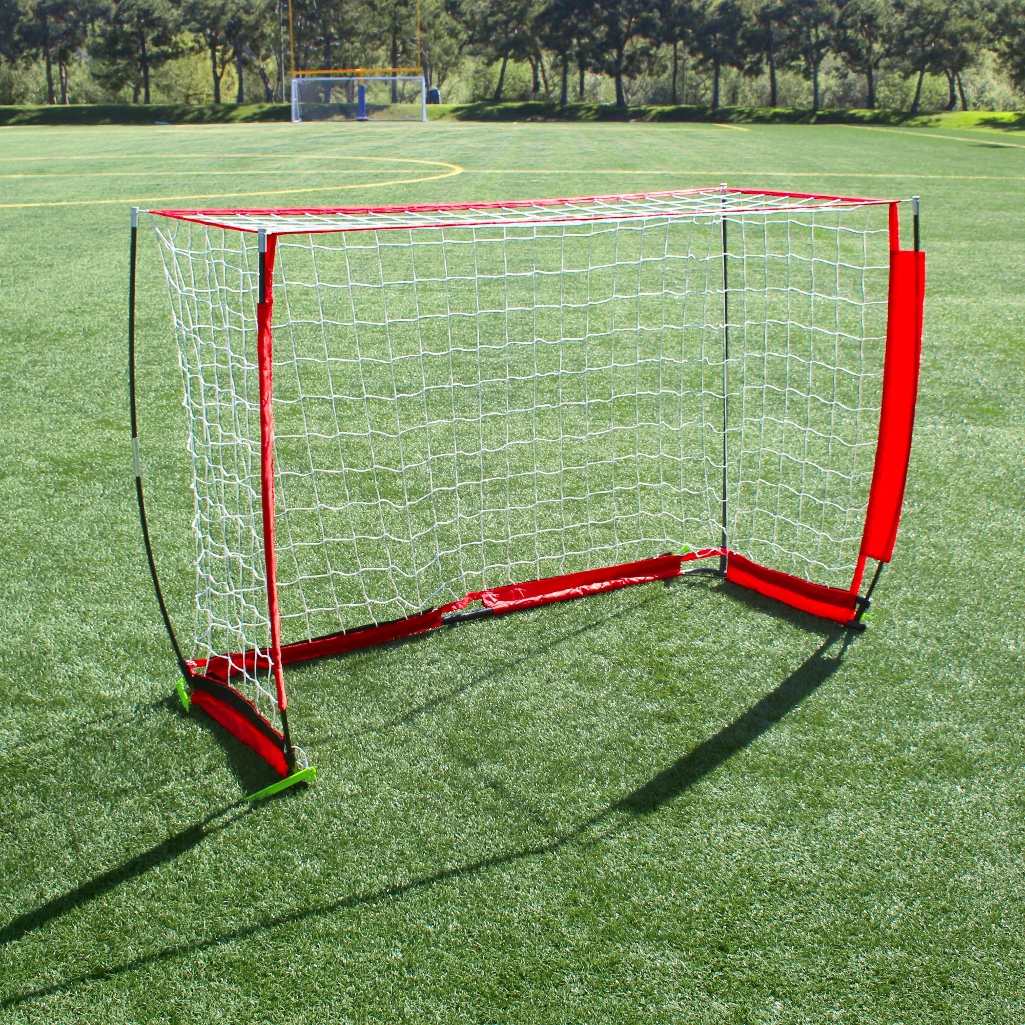 a soccer goal on a field with a ball