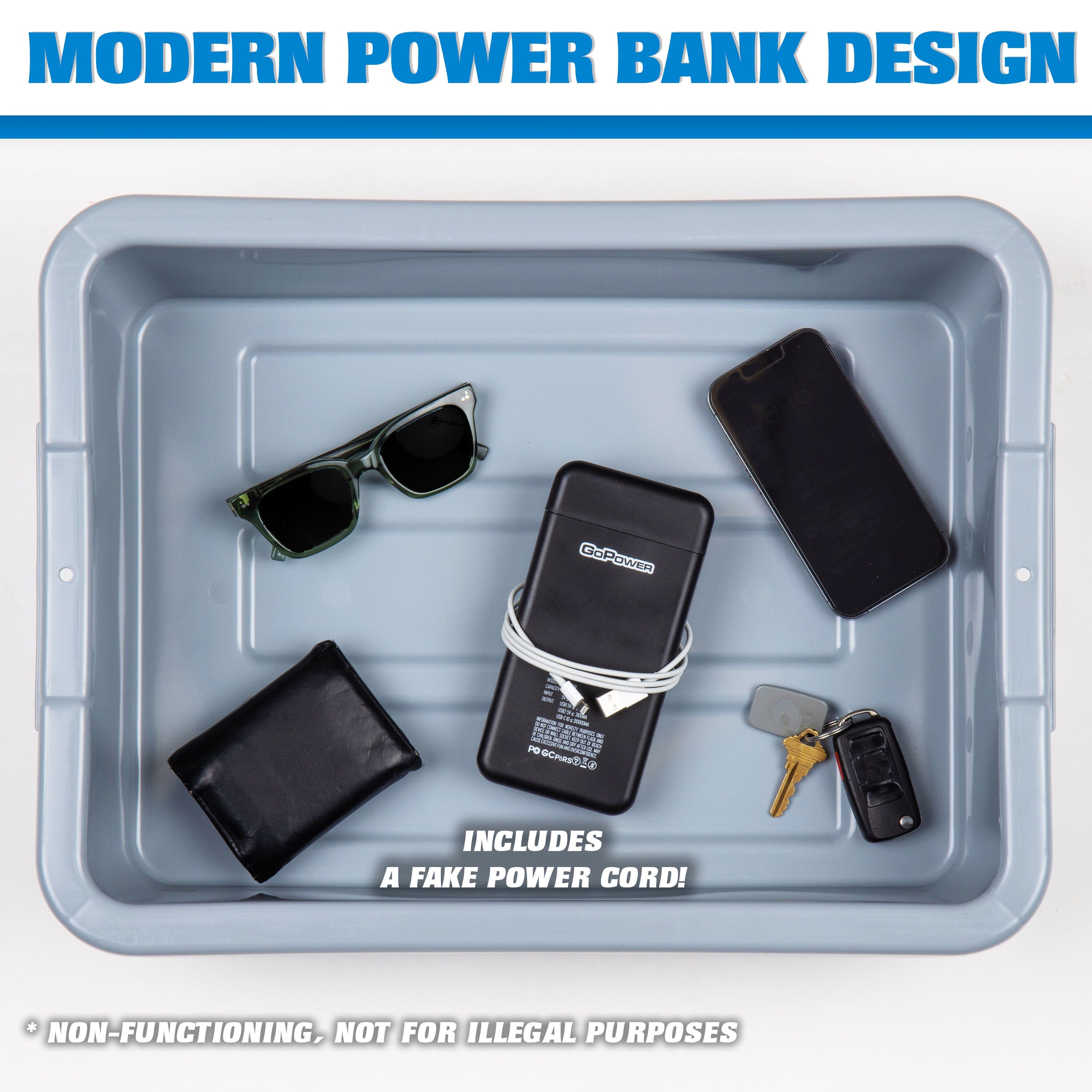 a tray with a phone, sunglasses, and a wallet