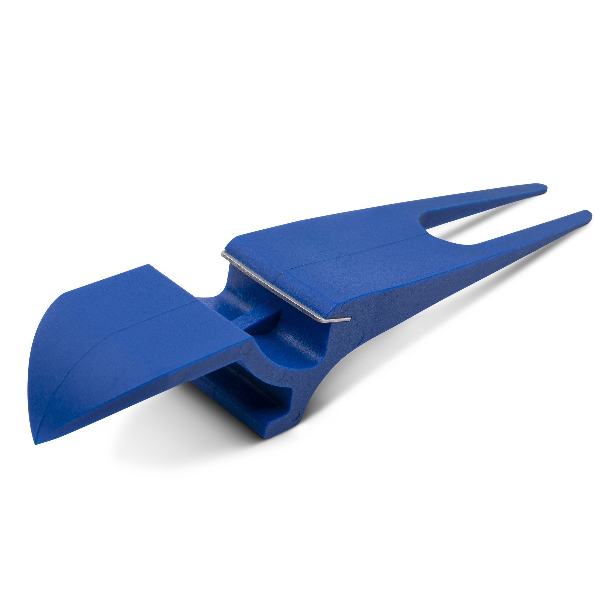 a blue plastic knife with a handle