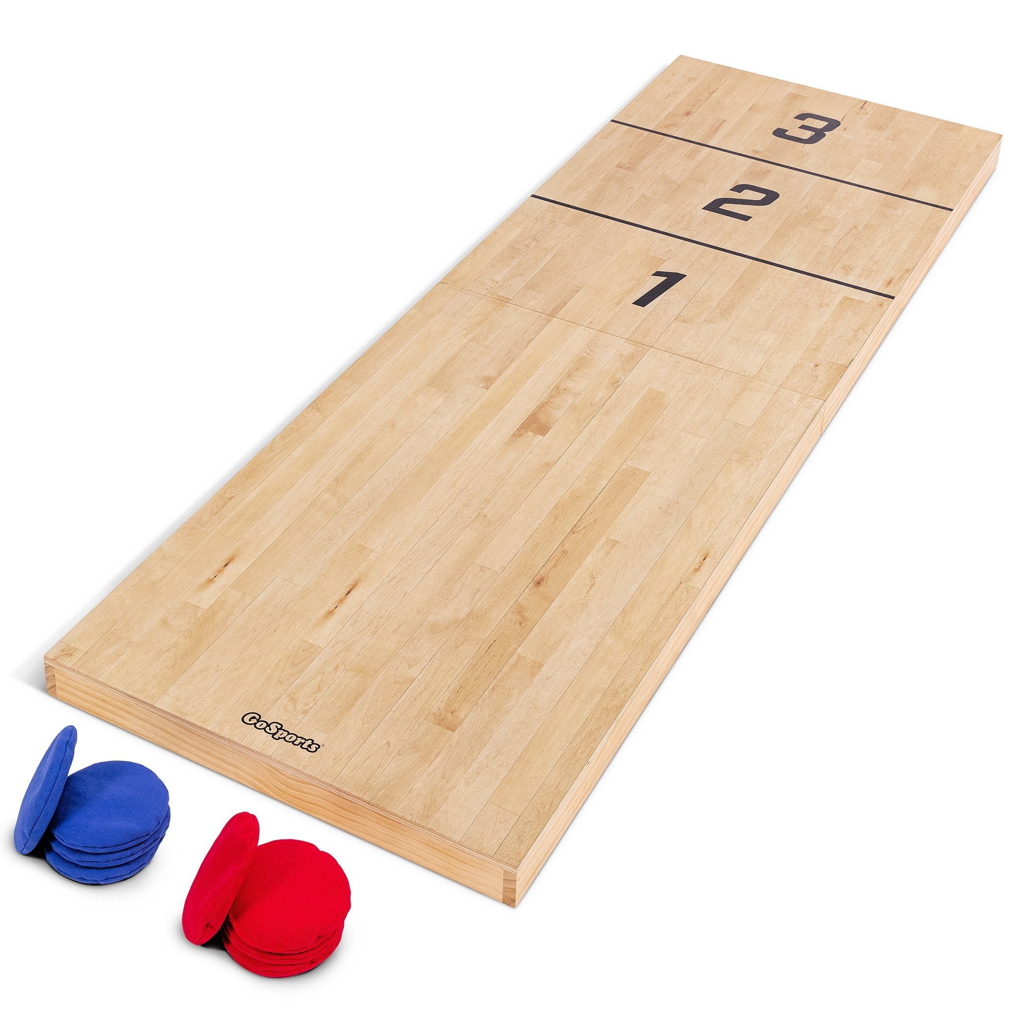 a wooden shuffle board with a pair of shoes