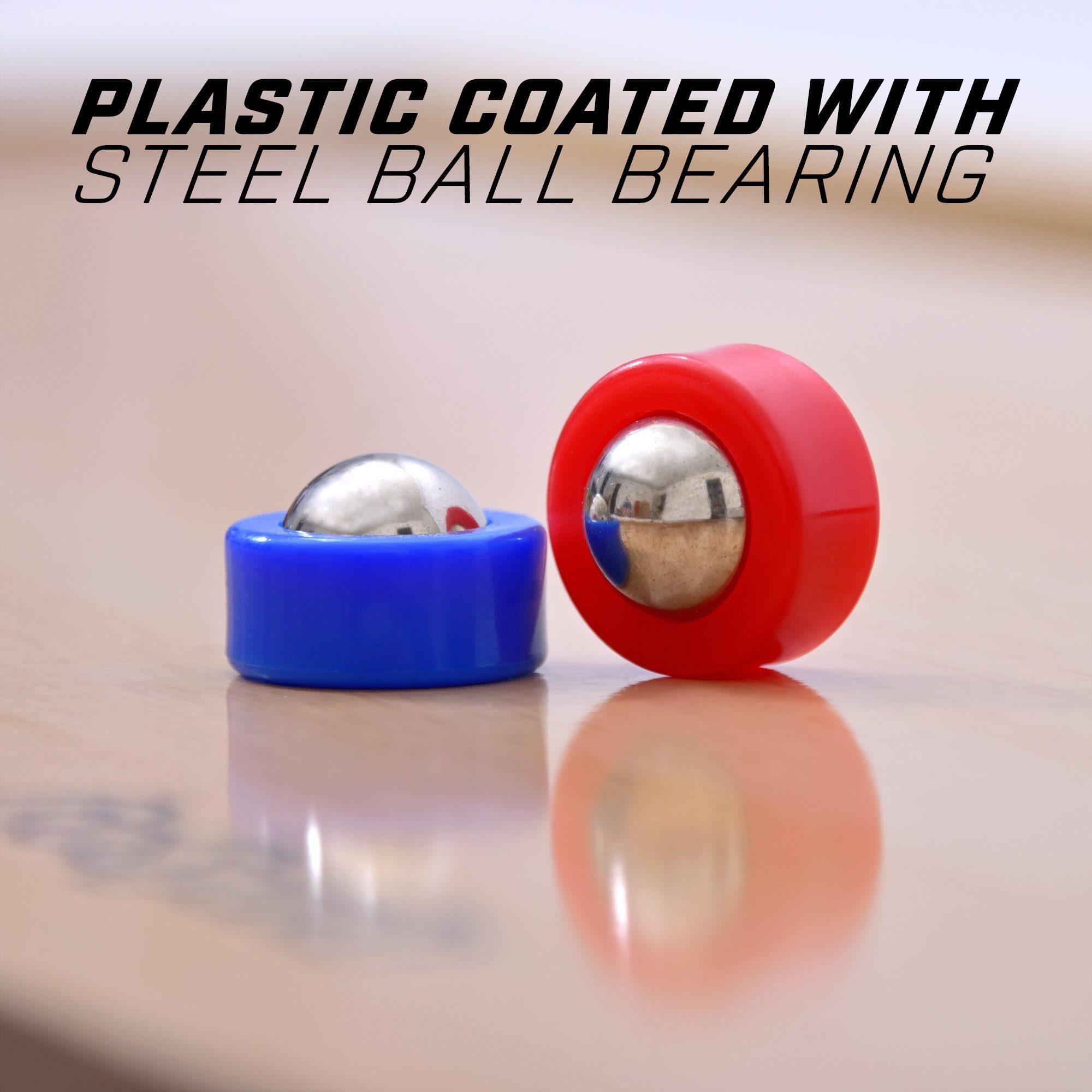 a pair of red and blue plastic beads with a silver ball