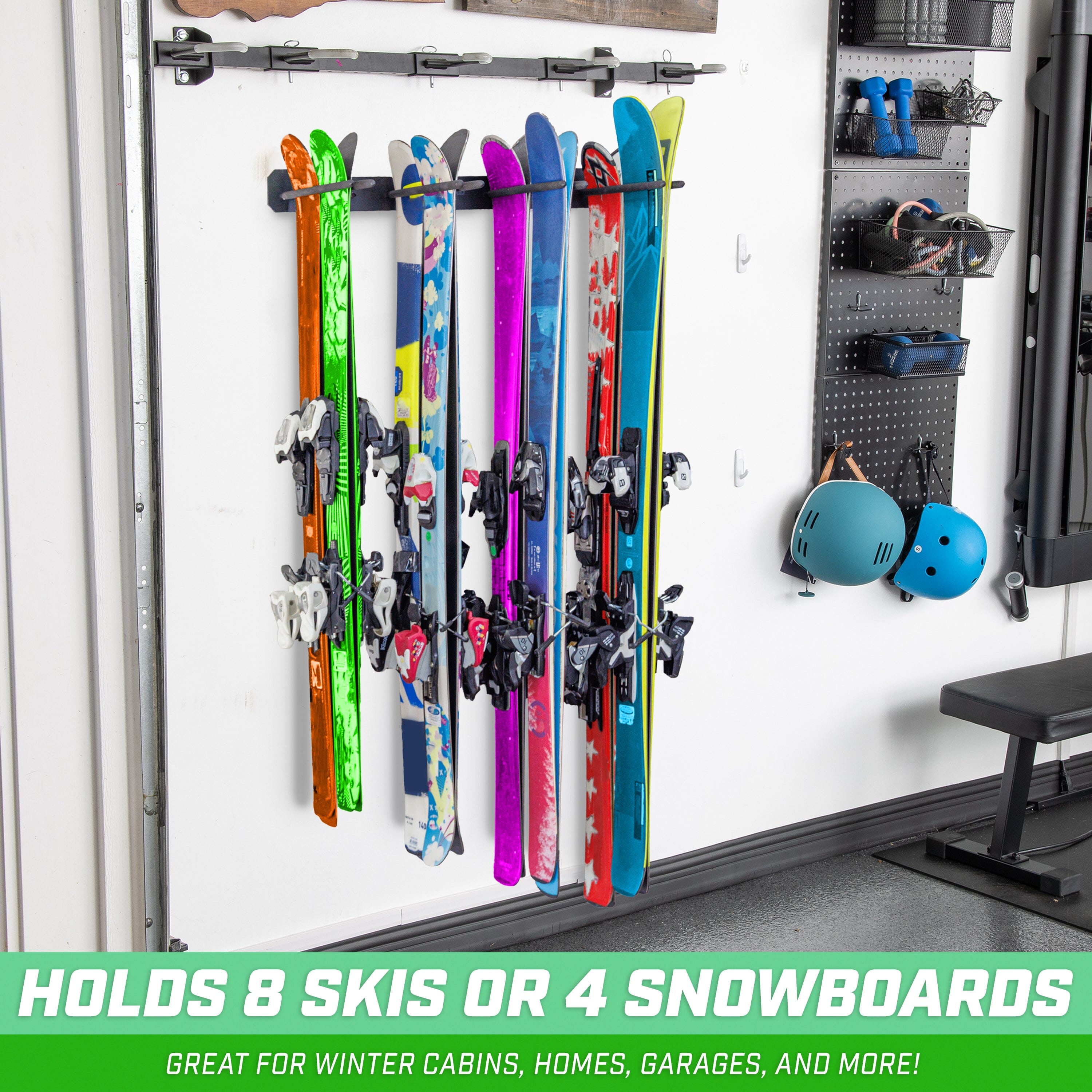 a ski board mounted on a wall with skis