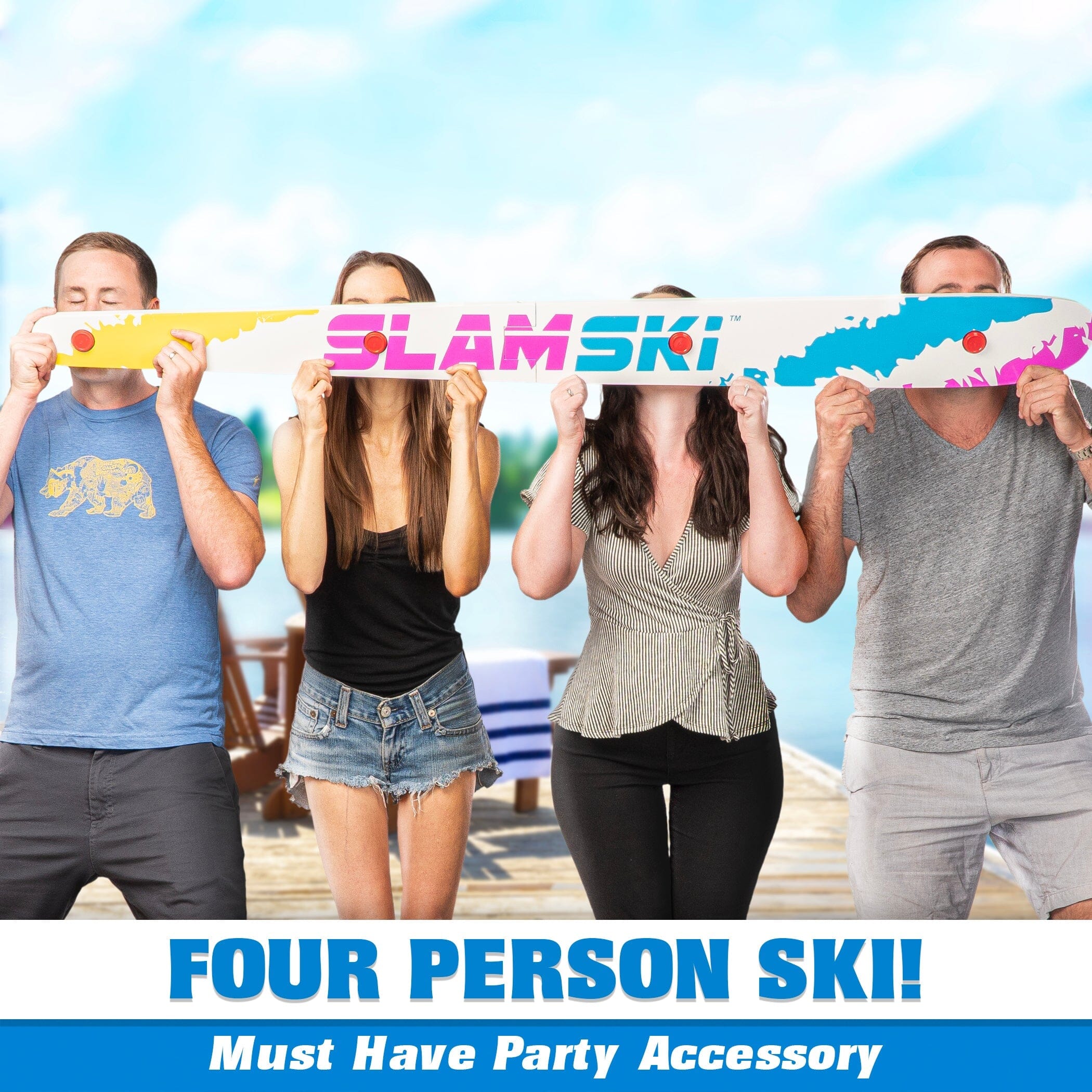 four people holding up a sign that says, ' for persons, mise party accessory '