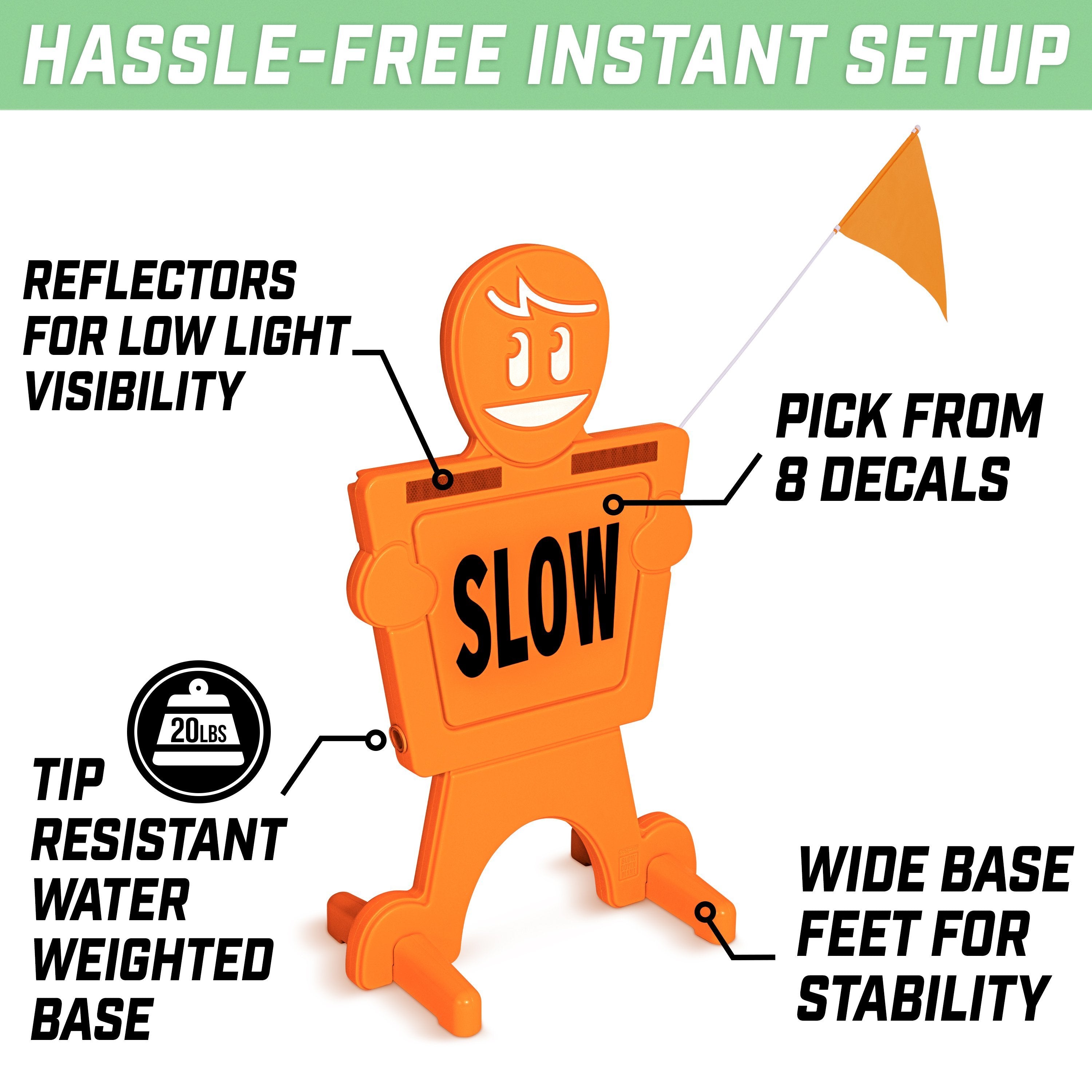 a man in an orange suit with a sign that says slow