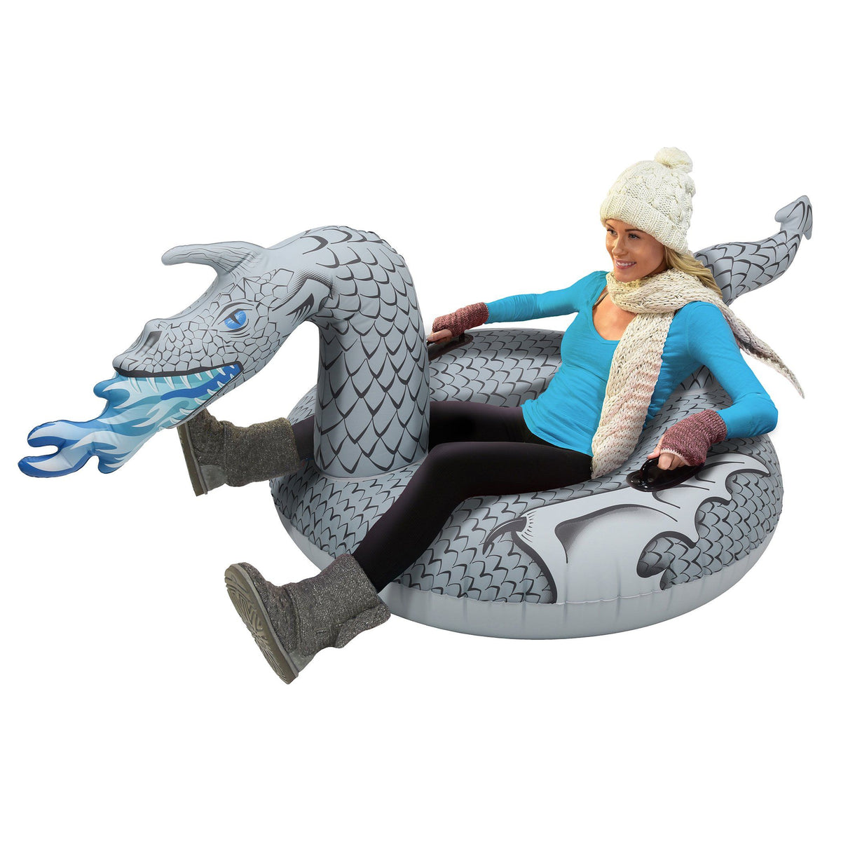 Woman in a knit hat & scarf sitting in a gray GoSports Ice Dragon snow tube with blue frost-fire breath