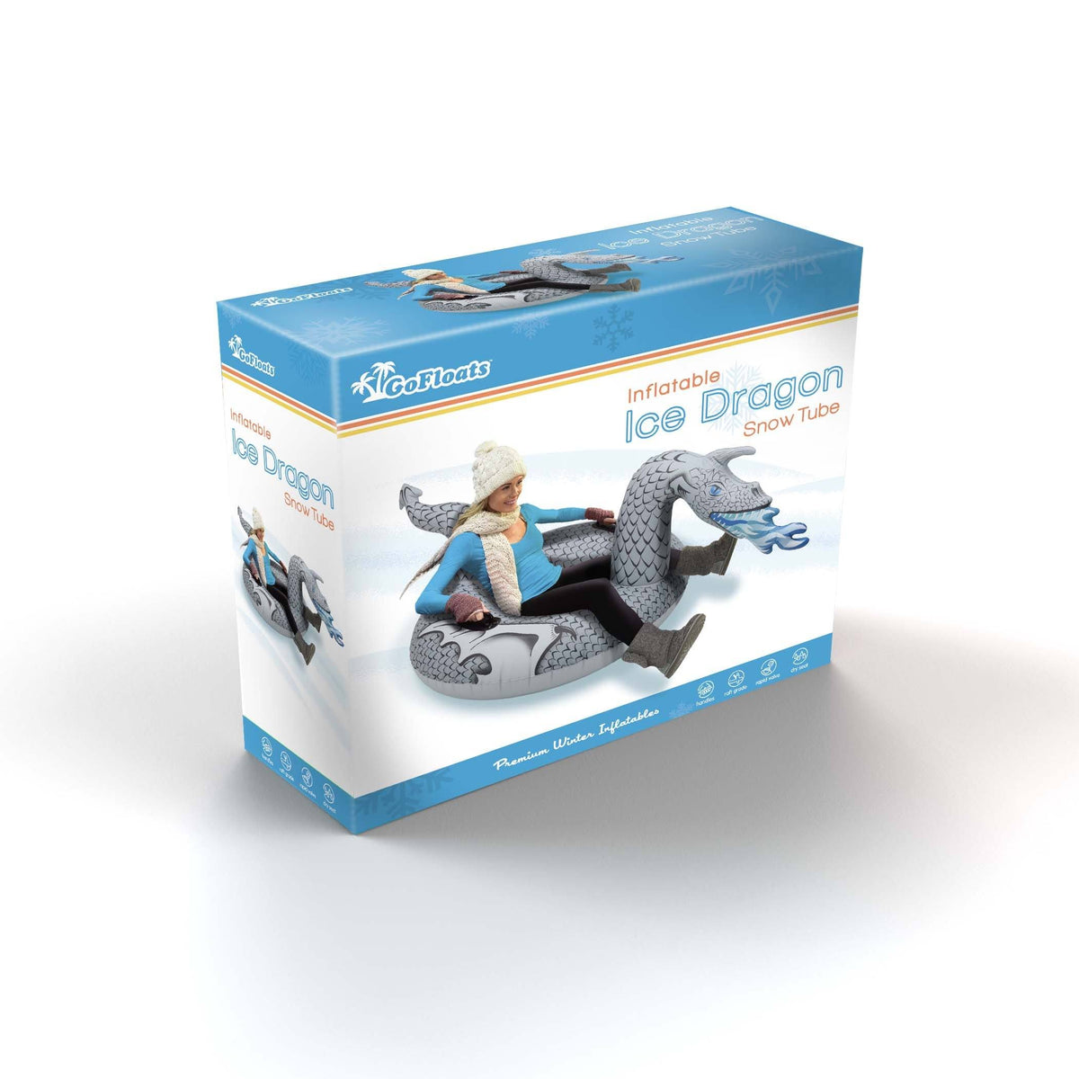 Retail box for the inflatable Ice Dragon snow tube showing a rider on the gray dragon tube