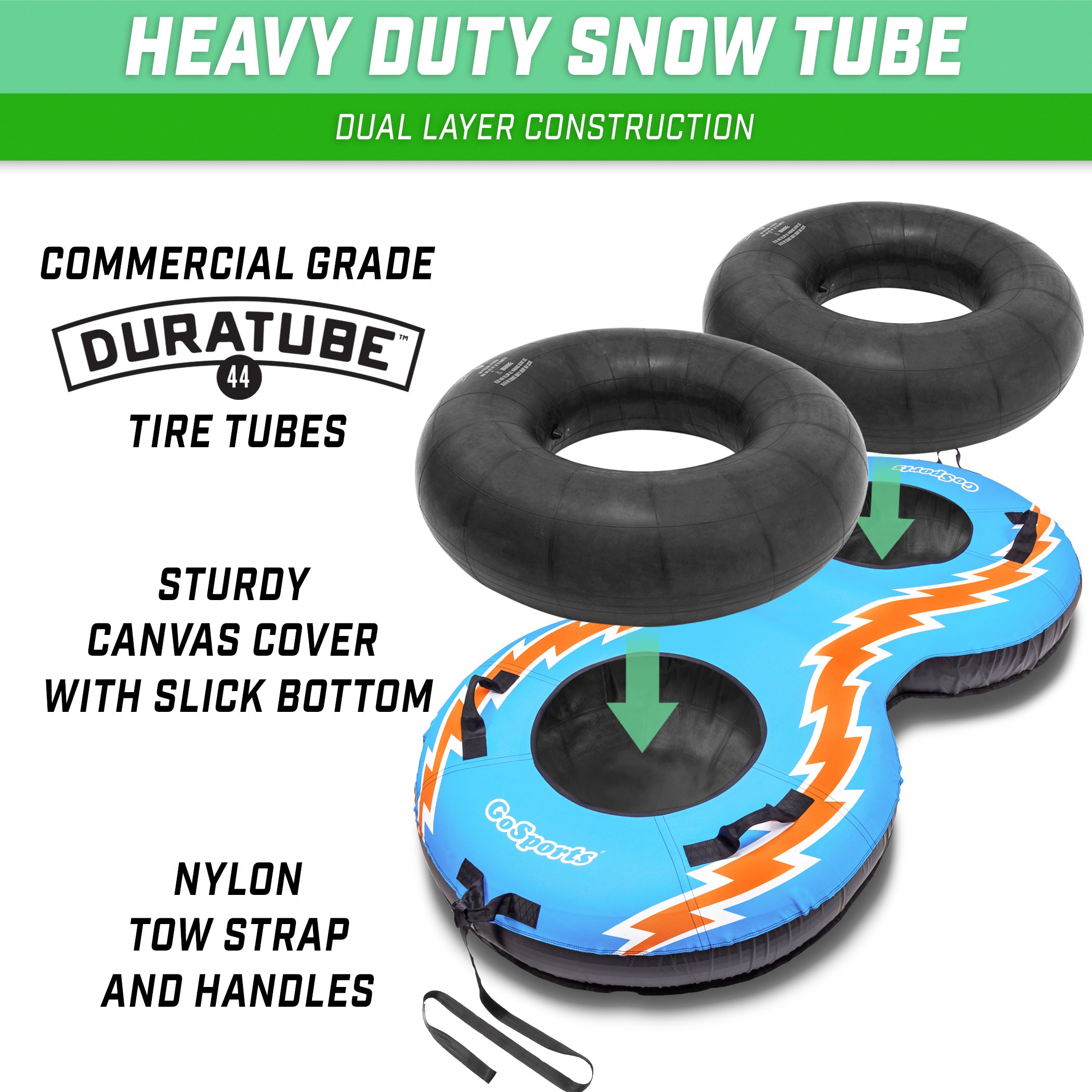 two black rubber wheels on top of a blue snow tube
