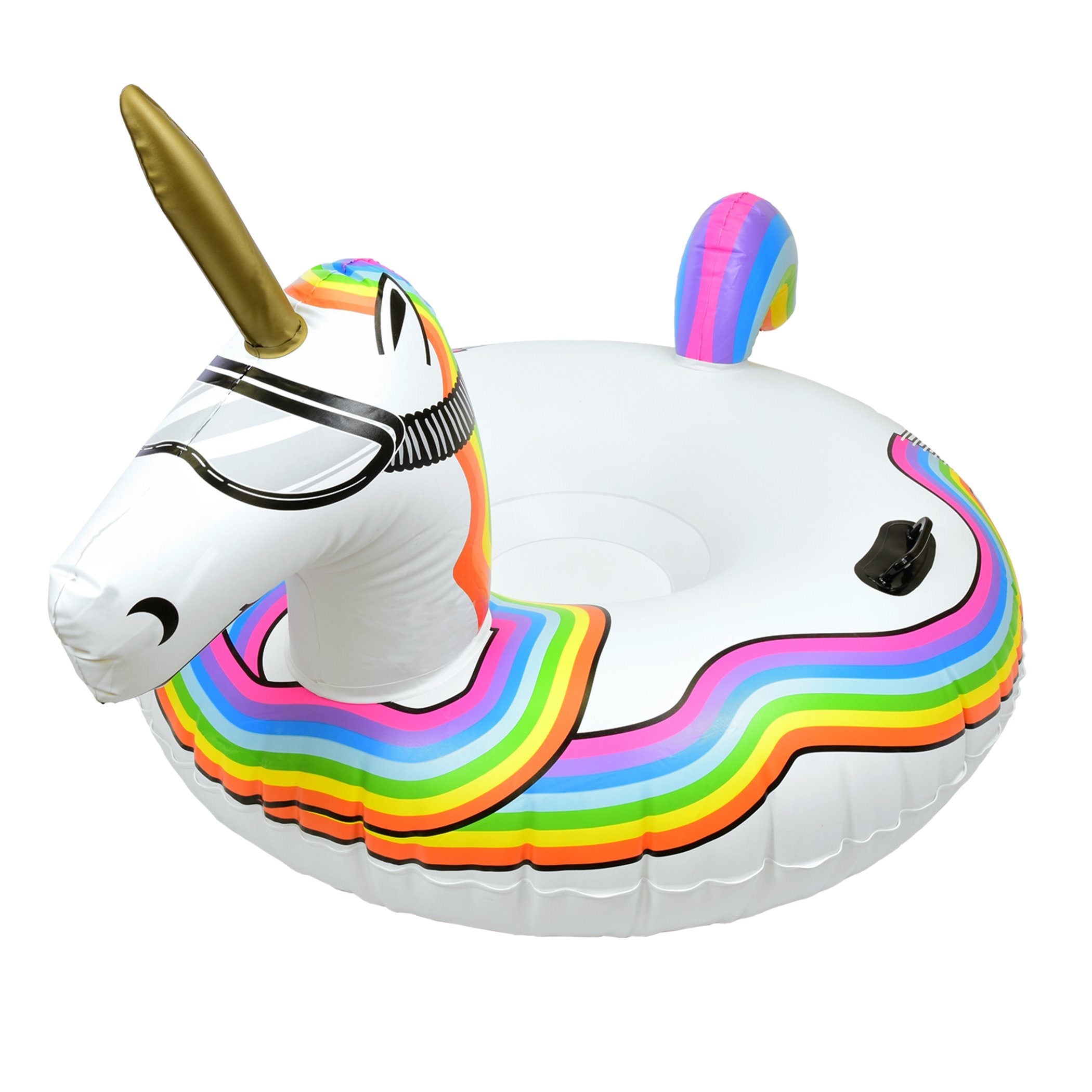 a unicorn inflatable with a rainbow colored tail