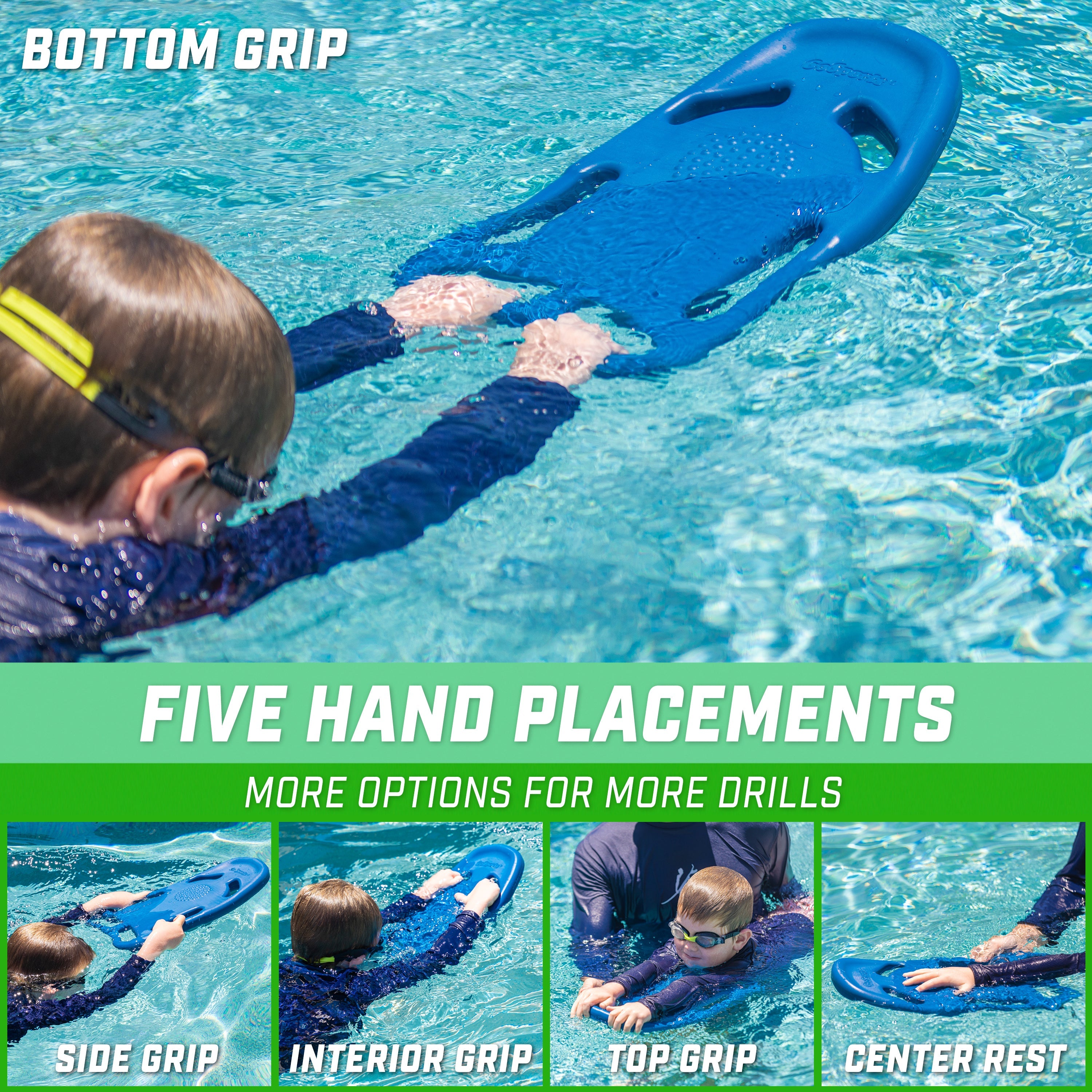 a child swimming in a pool with the text 'five hand placements for more drills'