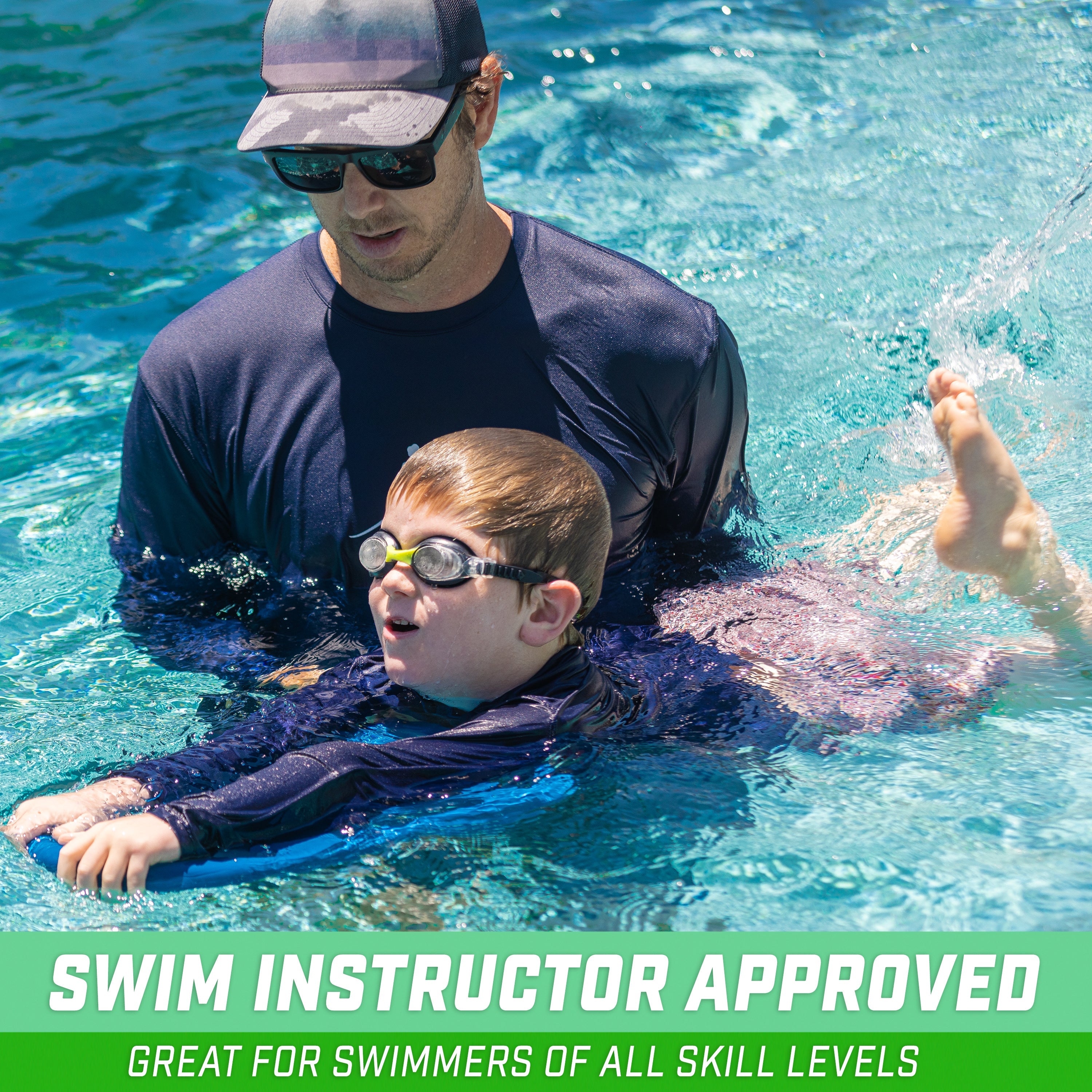 a man helping child swim in pool with swim board