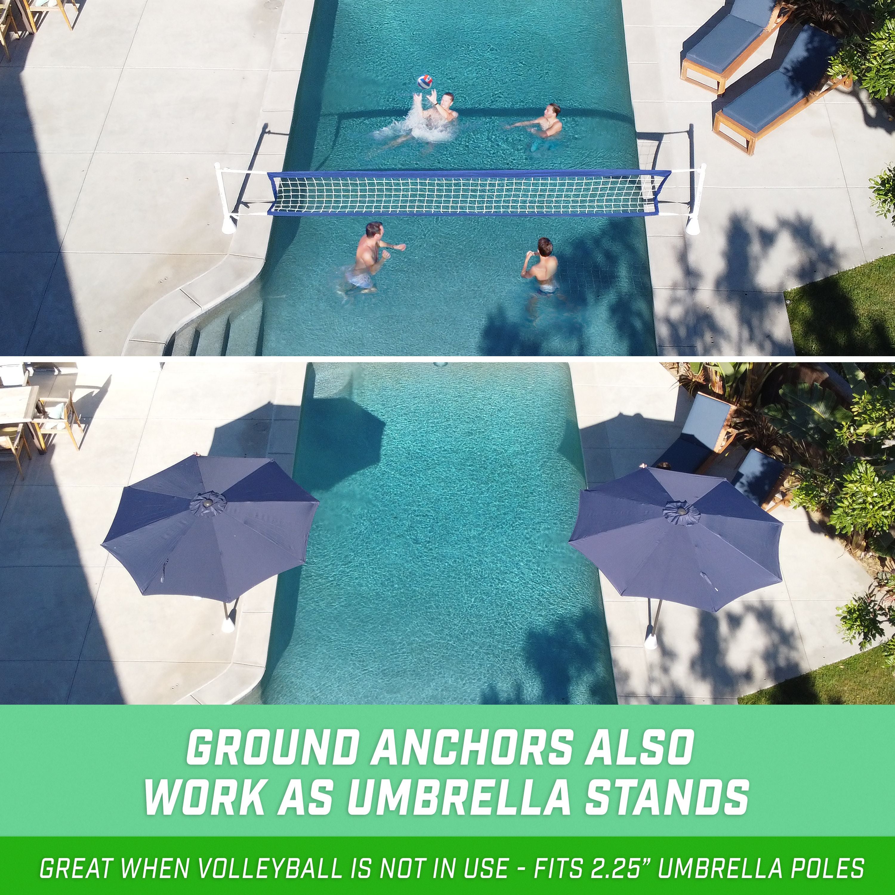 a pool with a volleyball net and two people playing volleyball