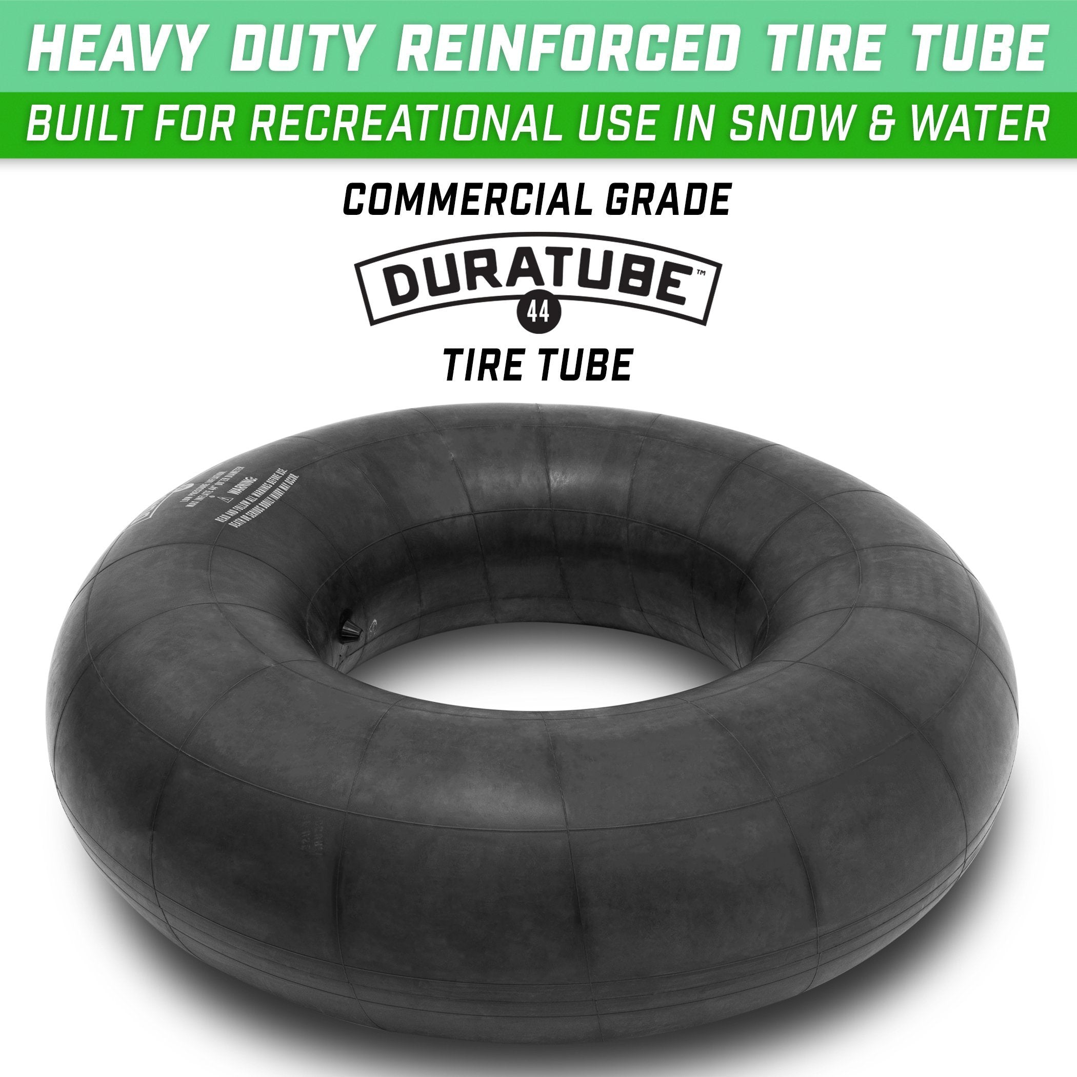 a black inflatable with the text, heavy duty tire tube