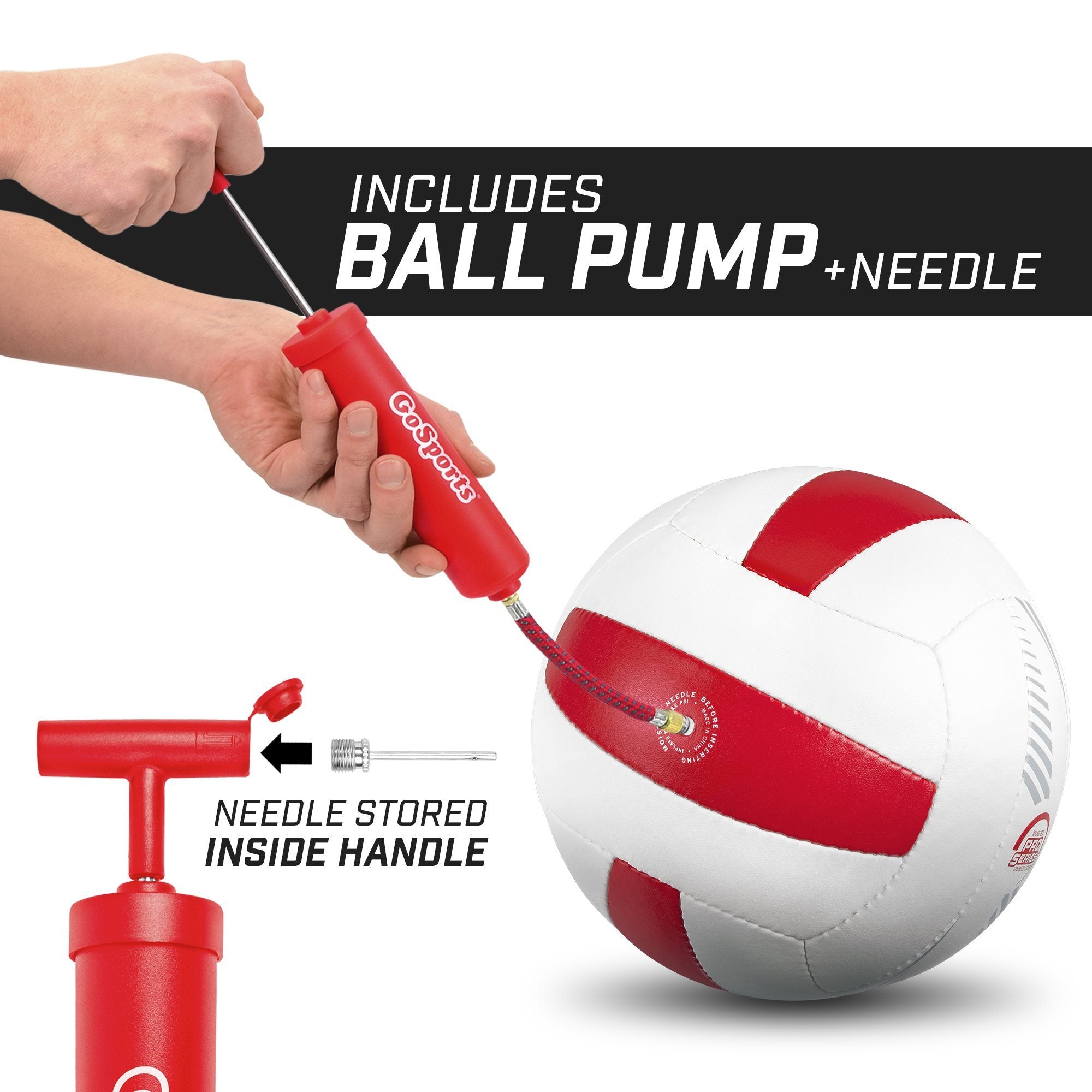 a hand holding a soccer ball with a pump
