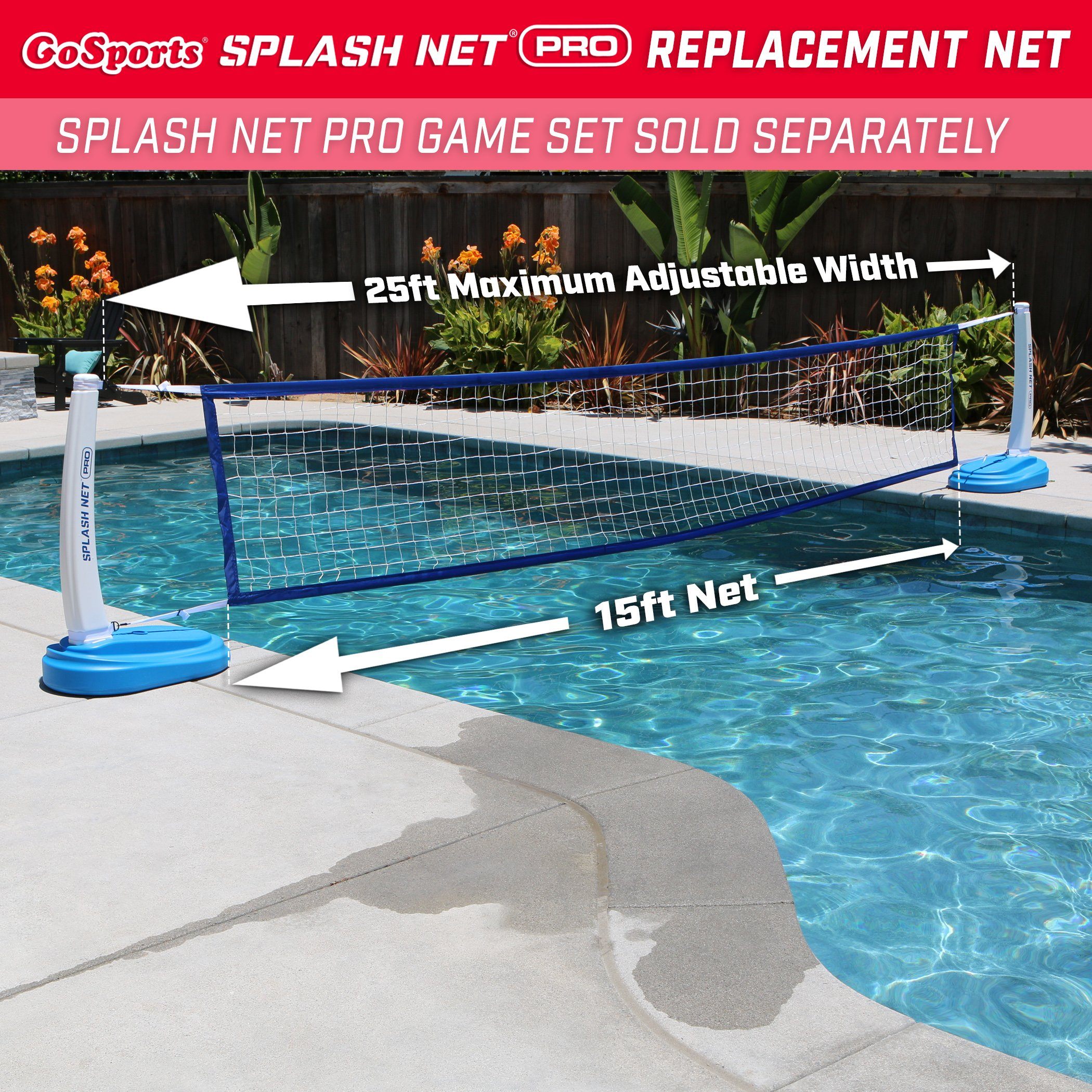 a pool with a volleyball net and a ball