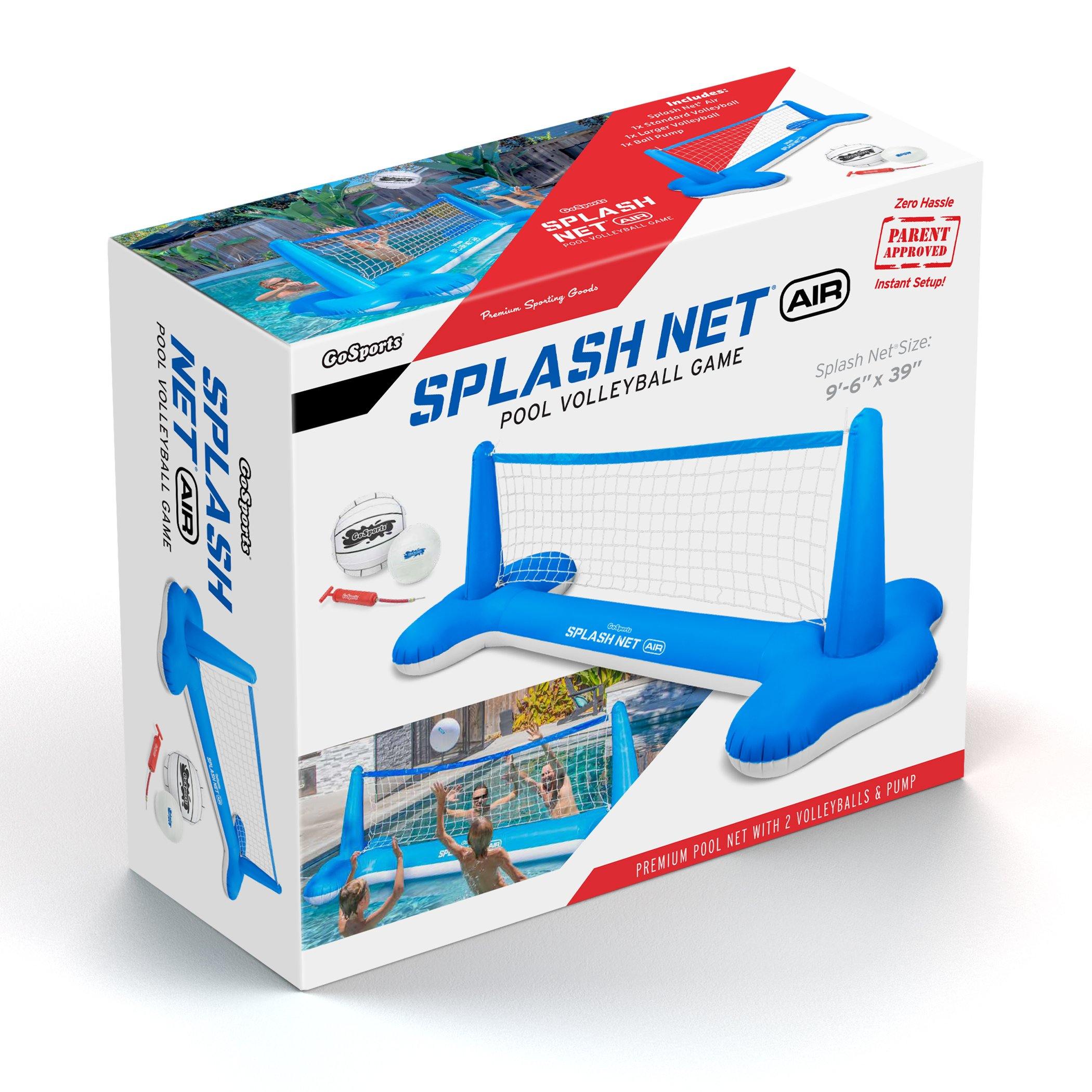 a blue and white plastic volleyball set in a box