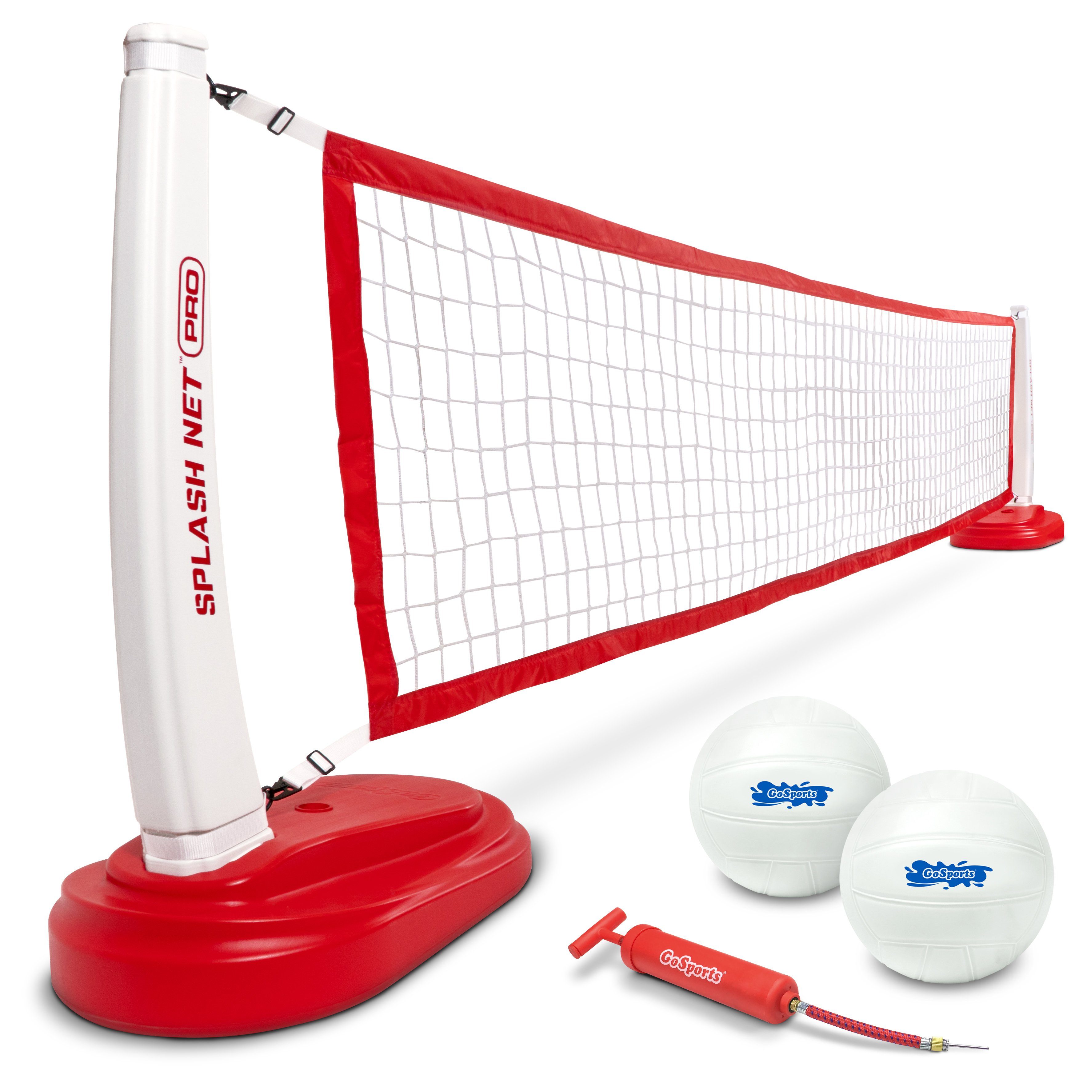 a red and white volleyball set with two balls