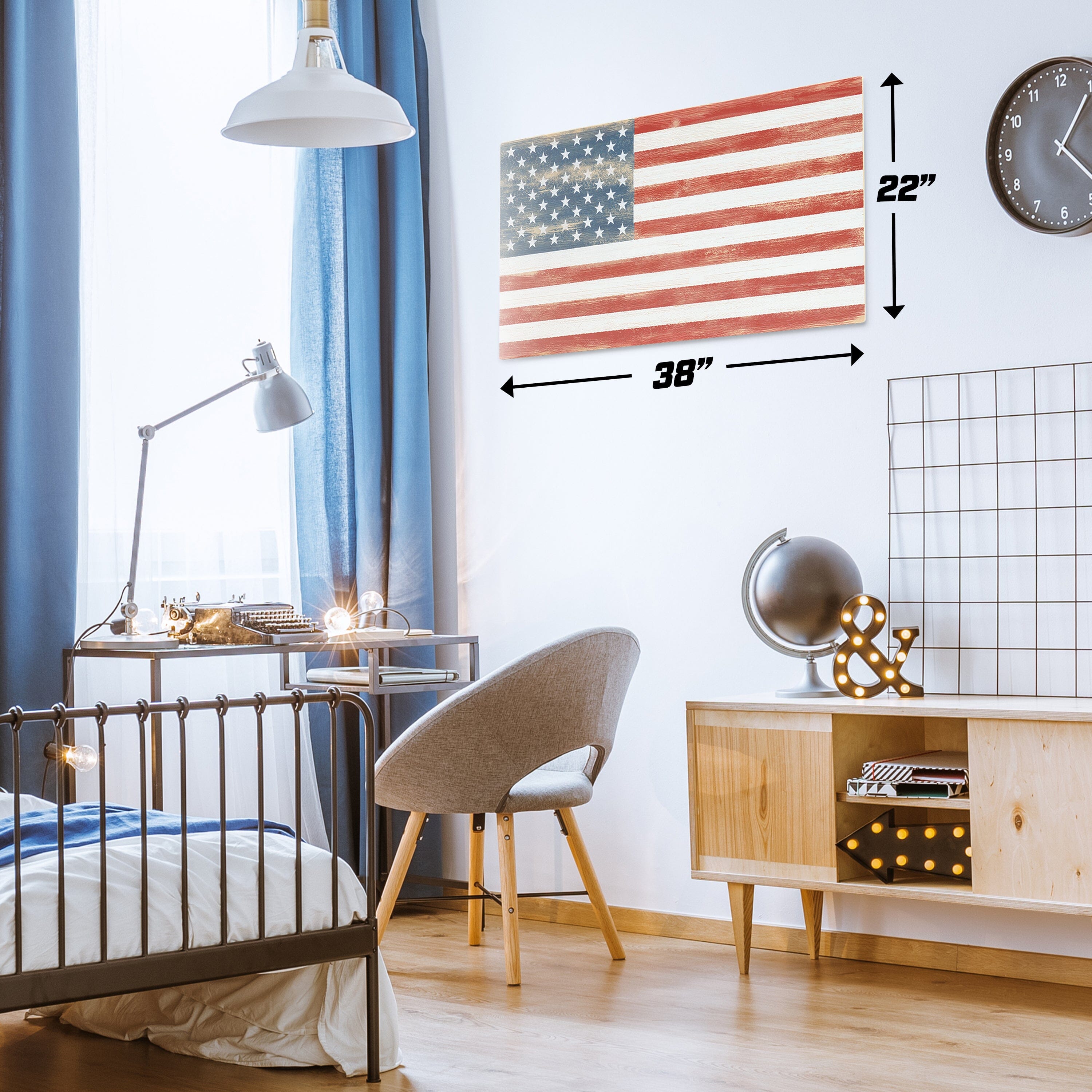 a bed with a clock and a flag on it