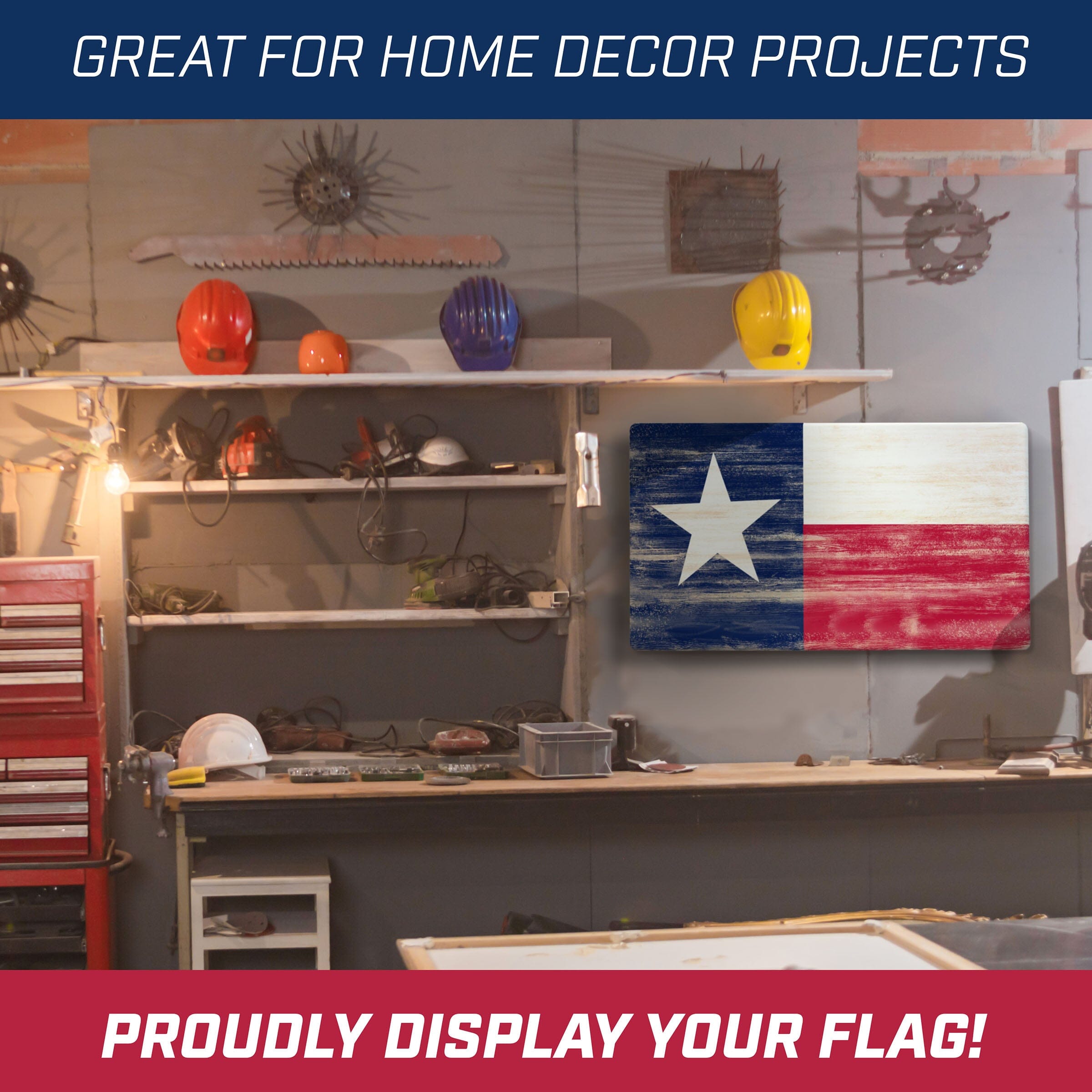 a room with a desk, shelves, and a flag
