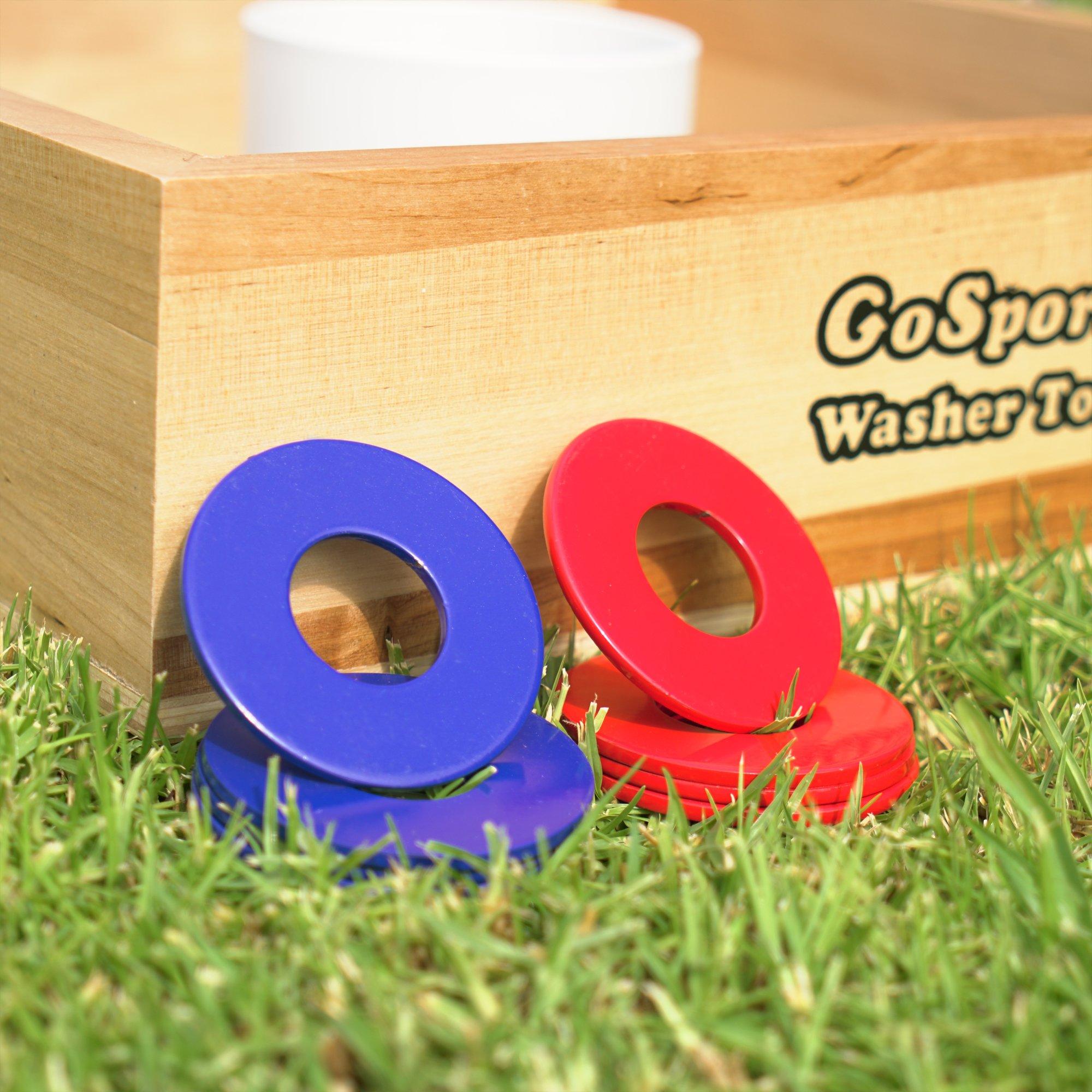 a wooden box with two red and blue rings